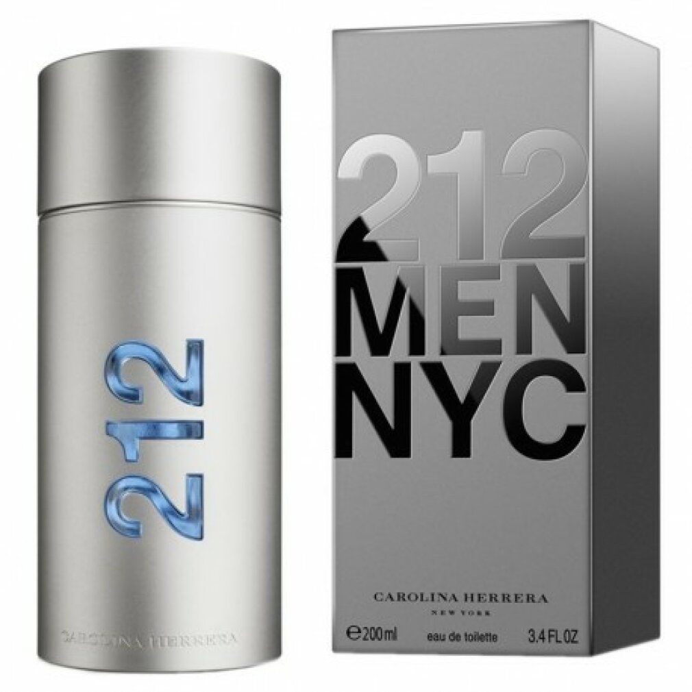 Silberfarbener Flakon und graue Schachtel. Auf dem Flakon steht "212". Auf der Schachtel steht "212 MEN NYC" und "Carolina Herrera".