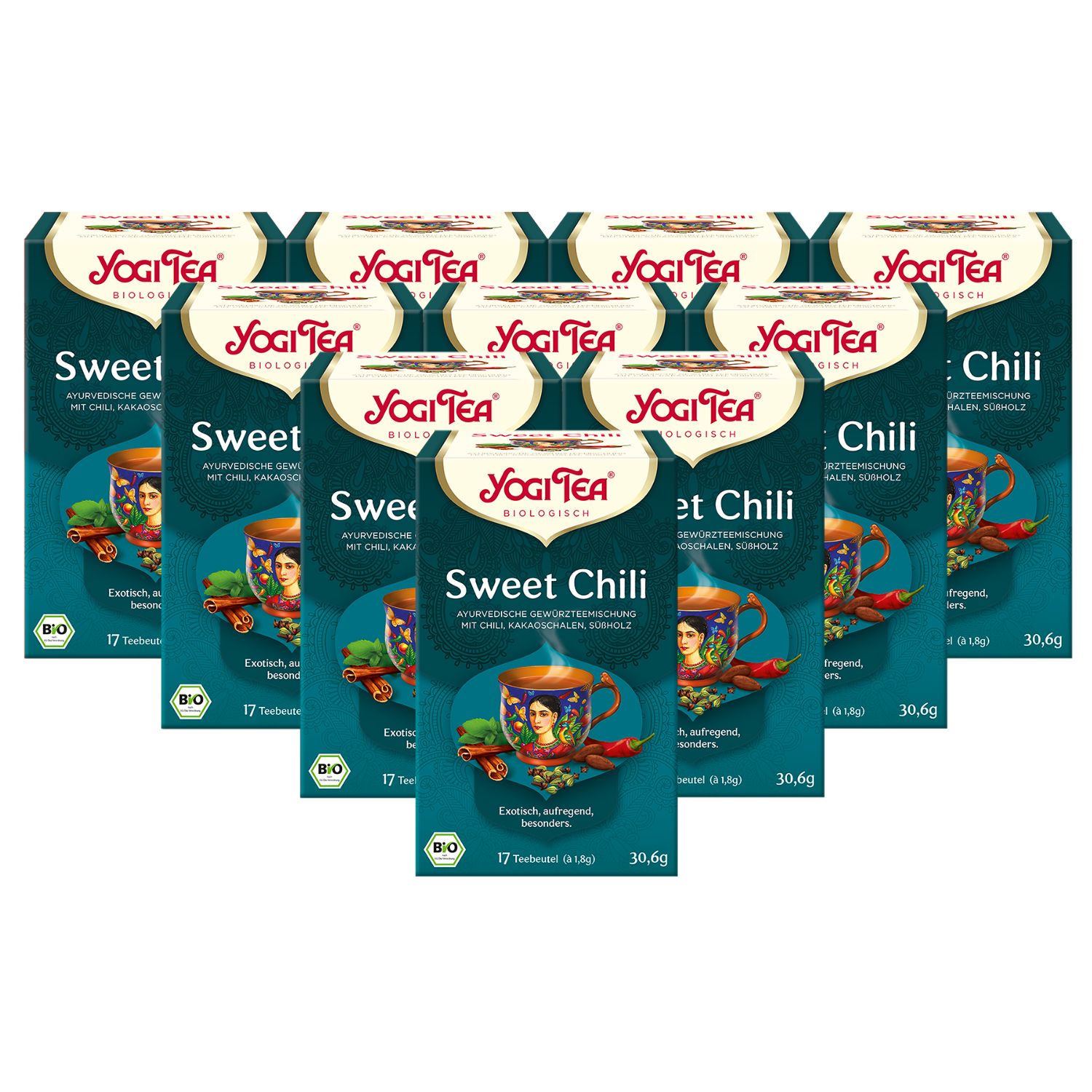 Mehrere Packungen Yogi Tea Sweet Chili Bio Gewürztee. Türkis-farbene Verpackung mit Logo und Produktinformationen. Bio-Siegel.