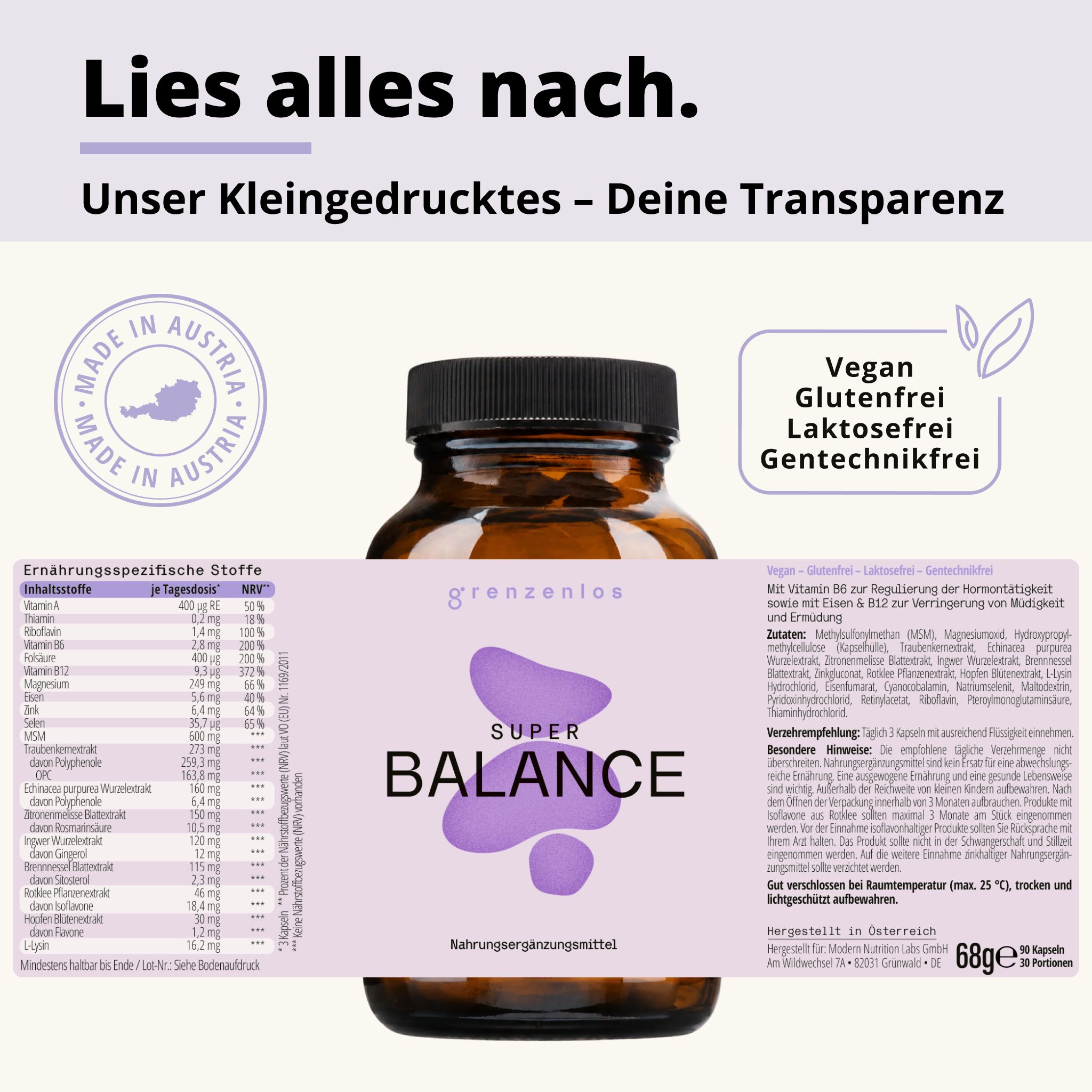 Flasche mit Nährwertangaben und Inhaltsstoffen, Made in Austria Siegel.