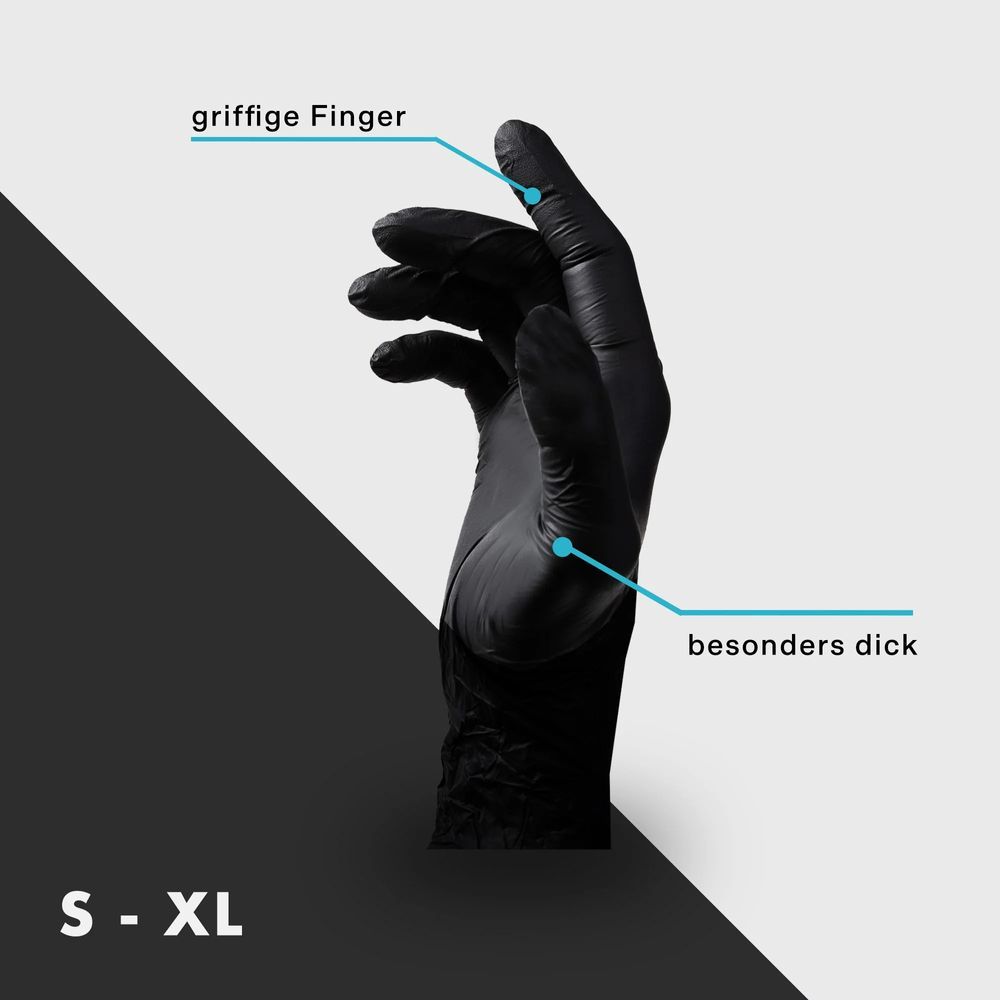 Schwarze Handschuhe, S-XL Größen. Beschriftung: griffige Finger, besonders dick.