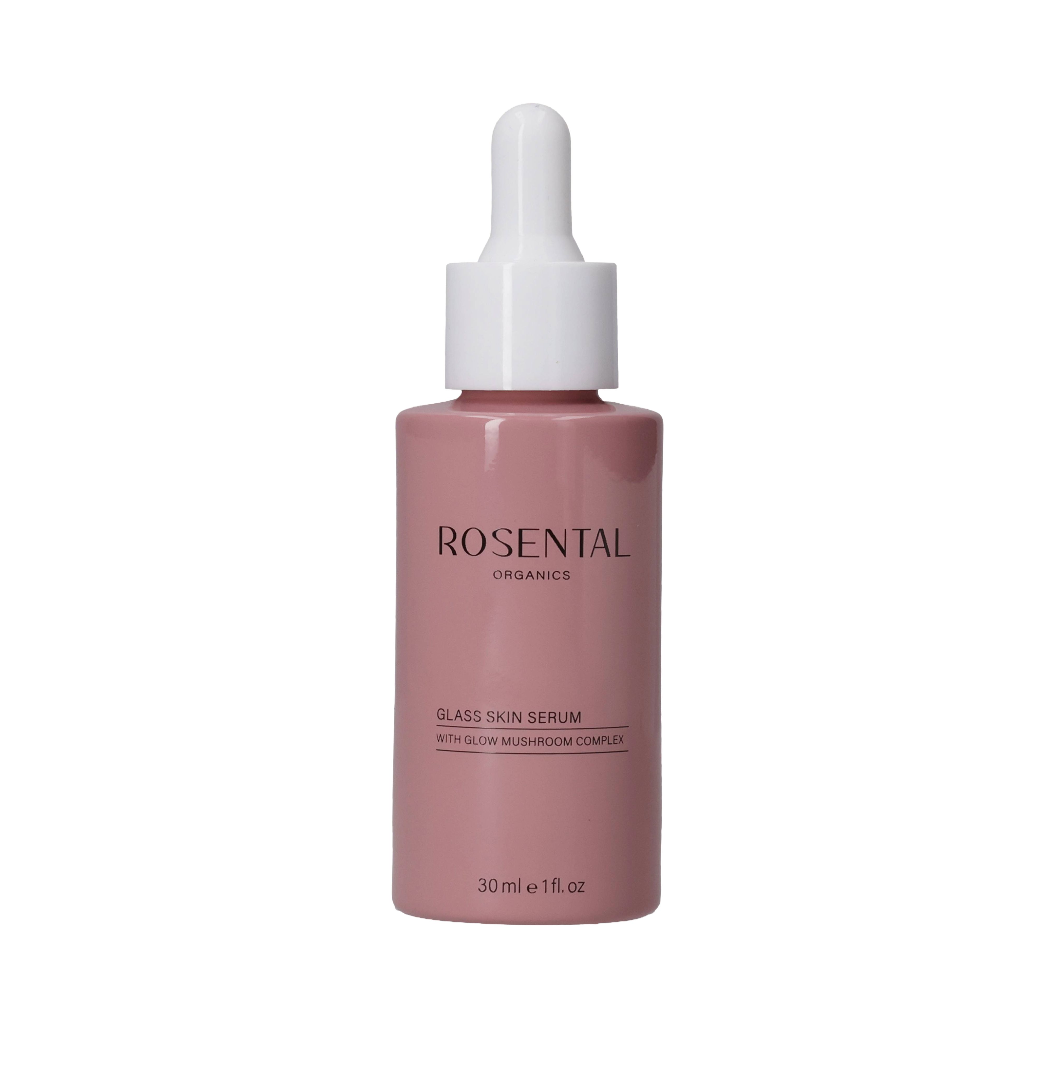 Rosa Flasche mit weißem Deckel und Pipette. Beschriftung: Rosental Organics, Glass Skin Serum, 30 ml.