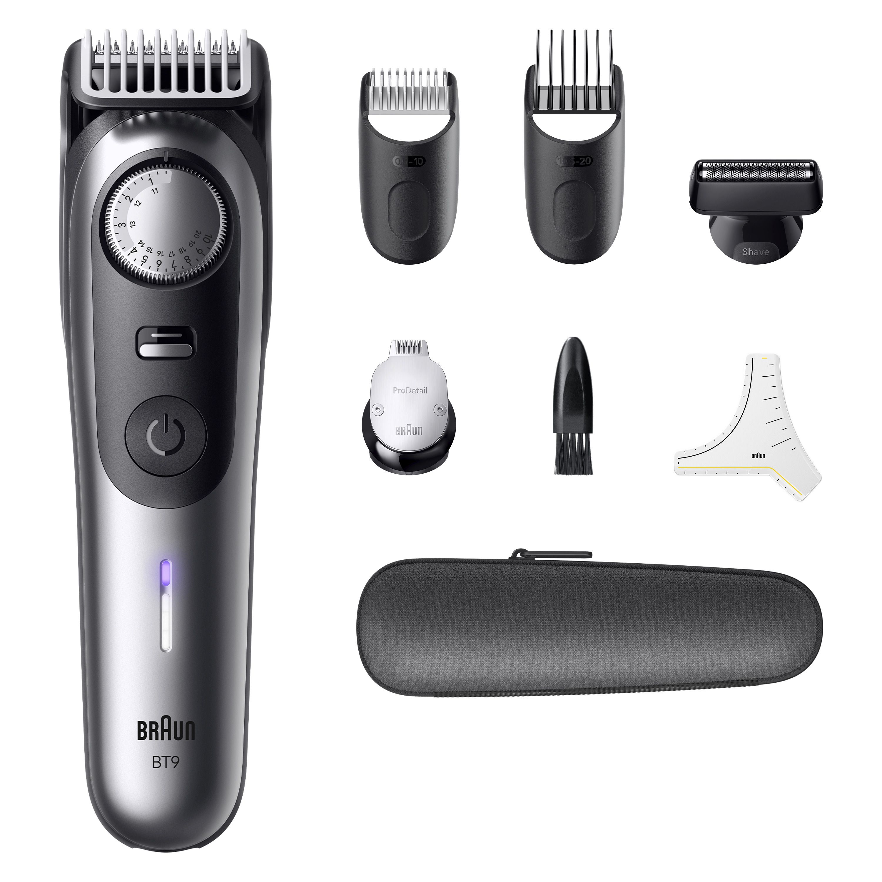 Braun Barttrimmer Series 9 BT9520 mit verschiedenen Aufsätzen und Etui.
