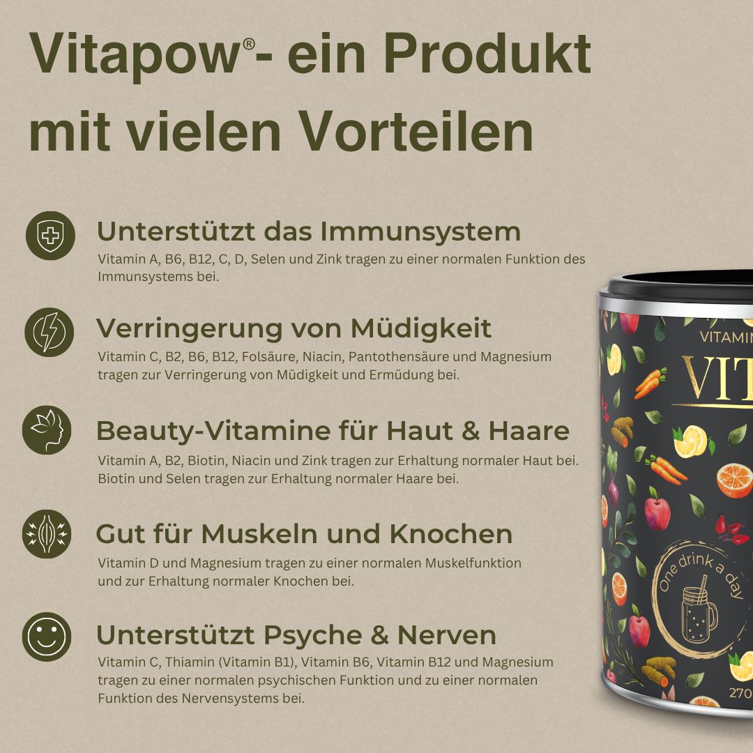 Vitapow Multivitamin Pulver Dose mit Liste von Vorteilen für Immunsystem, Müdigkeit, Haut, Haare, Muskeln und Nerven.