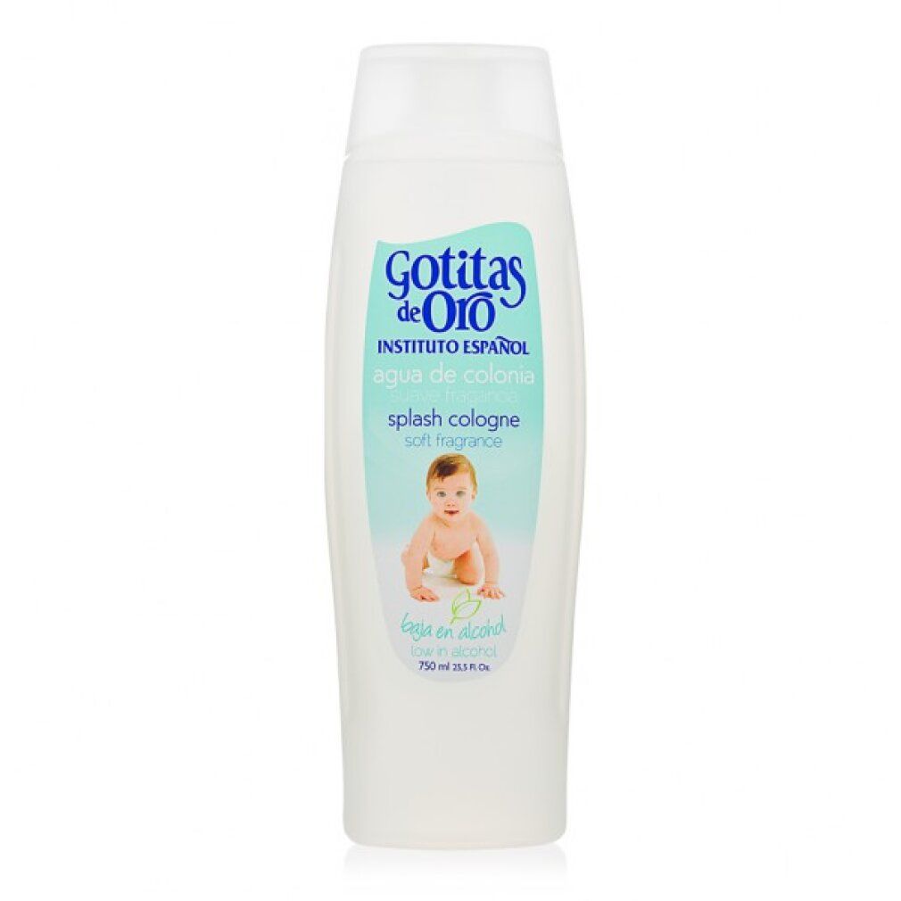 Weiße Flasche mit "Gotitas de Oro" Logo und einem Babybild. Splash Cologne, 750 ml.