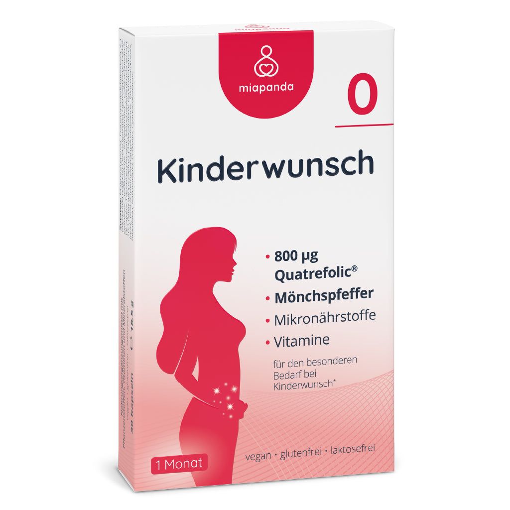 miapanda® 0 Kinderwunsch Vitamine Packung. Rote Silhouette einer Frau, Produktinformationen.