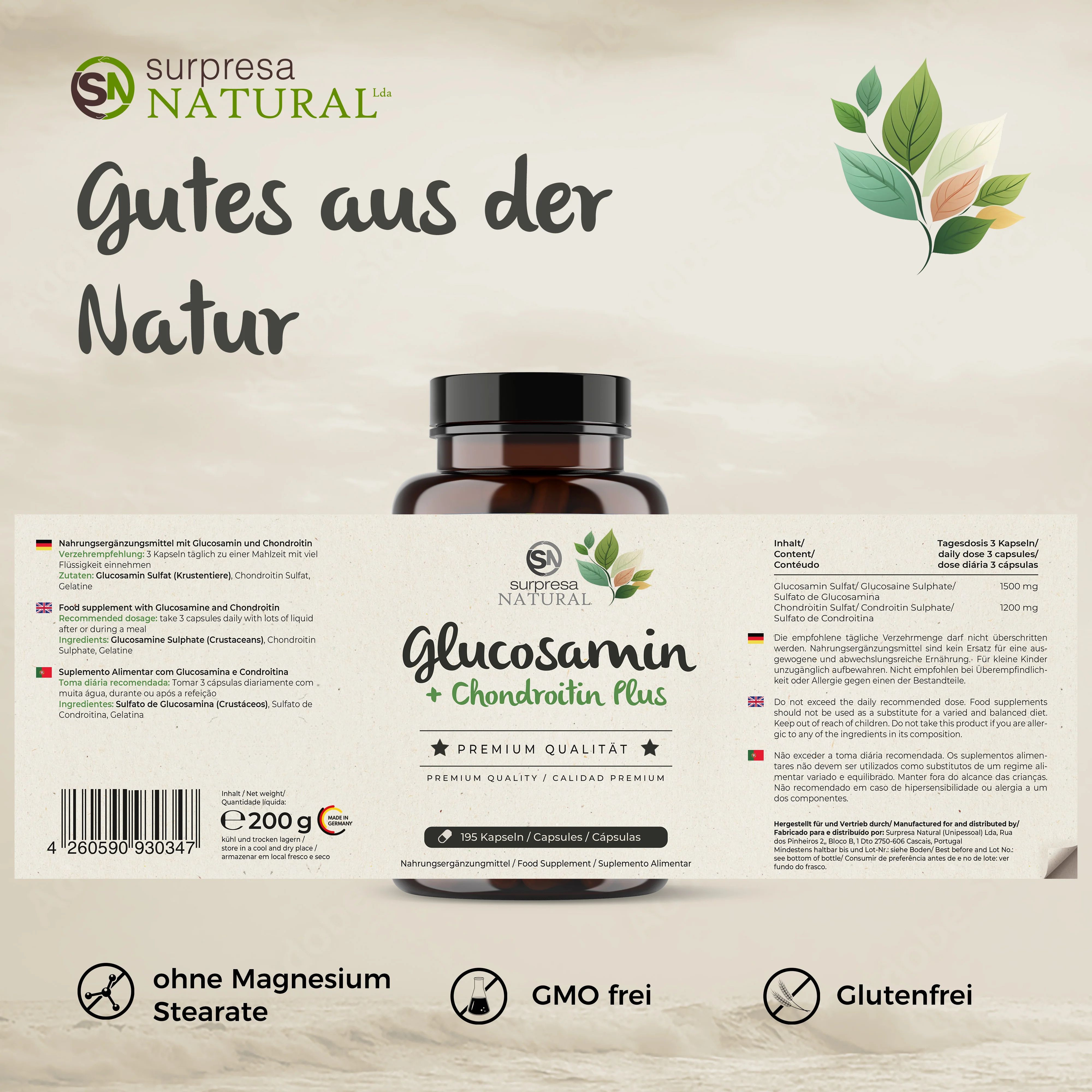 Braune Flasche mit schwarzen Deckel. Aufschrift: Glucosamin + Chondroitin Plus. Premium Qualität. Produktinformationen auf der Verpackung.