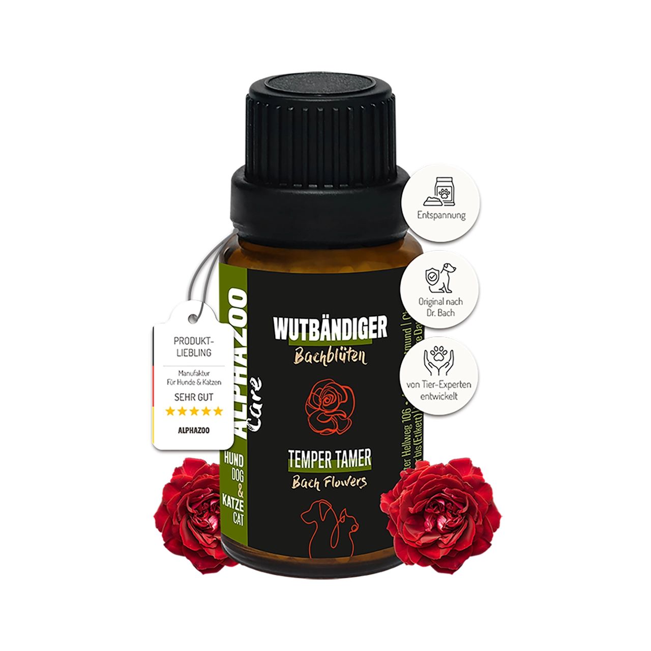 Braune Glasflasche mit schwarzem Deckel. Etikett mit Produktnamen und Logo. Rote Rosenblüten. Anhänger mit Produktbewertung.