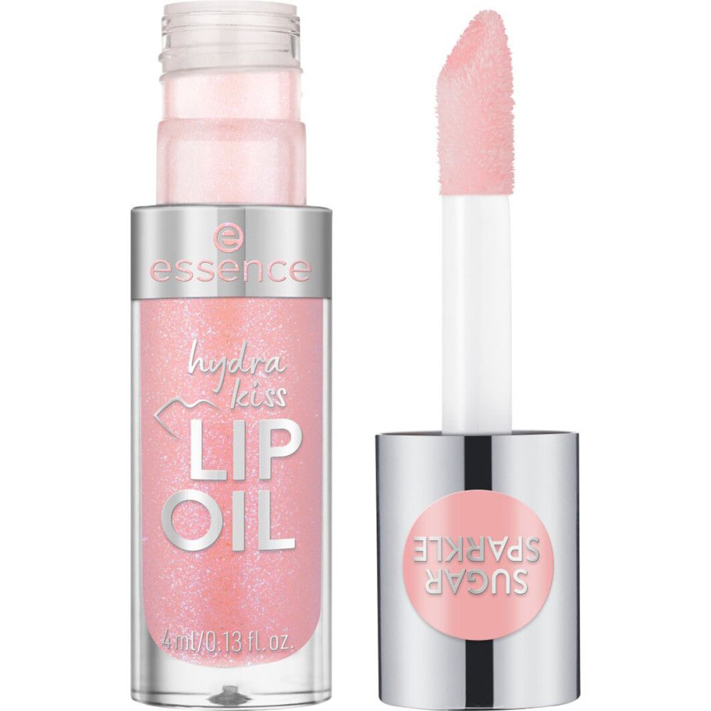 Lip Oil mit Applikator. Rosa Flüssigkeit in durchsichtiger Flasche. Deckel mit Schriftzug. Applikator mit rosa Spitze.