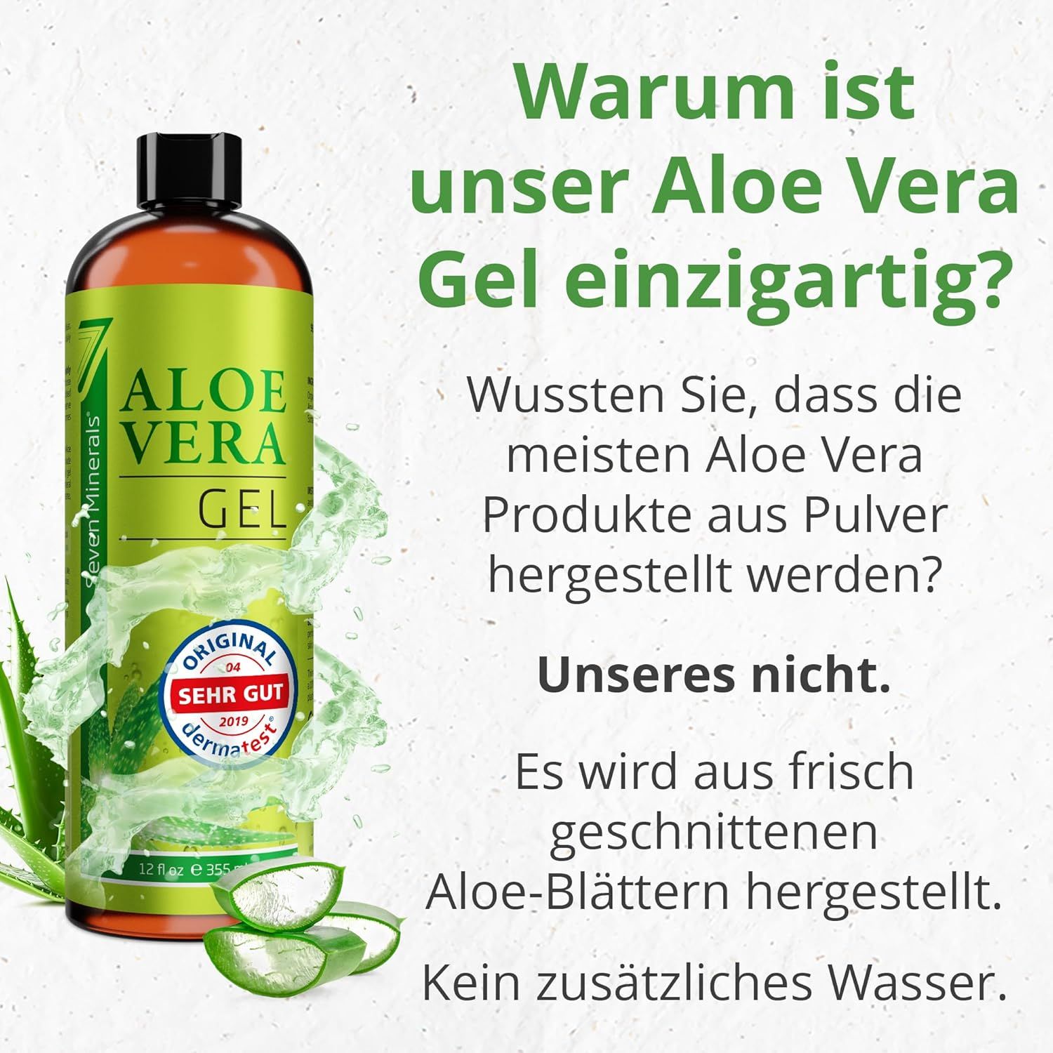 Aloe Vera Gel Flasche. Text: Warum ist unser Aloe Vera Gel einzigartig? Hergestellt aus frisch geschnittenen Aloe-Blättern.