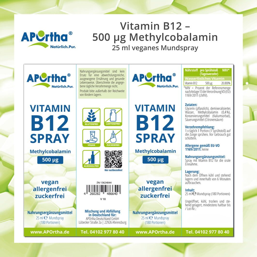 Zwei Packungen Vitamin B12 Spray. Aufschrift: 500 µg, vegan, zuckerfrei, allergenfrei. Inhaltsstoffe und Nährwertangaben.
