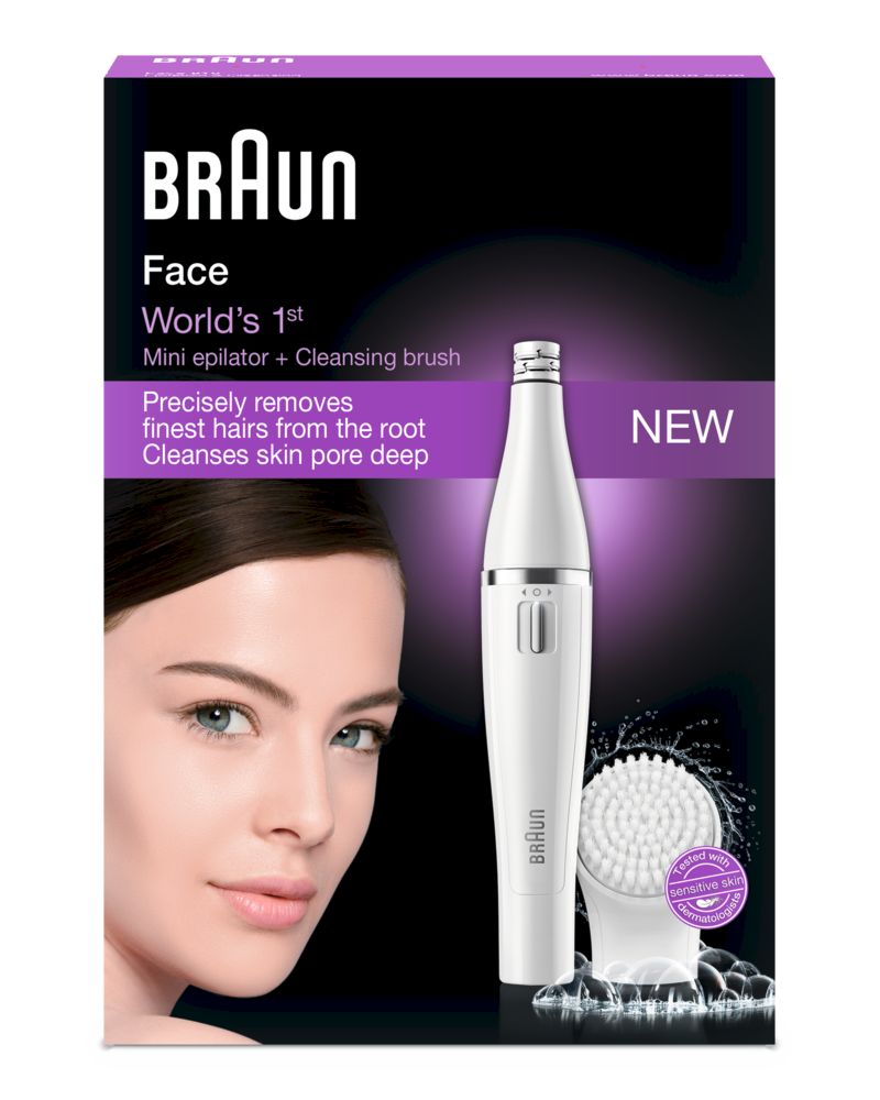Verpackung mit Produkt und Frauengesicht. Text: "Braun Face", "Mini Epilierer + Reinigungsbürste".