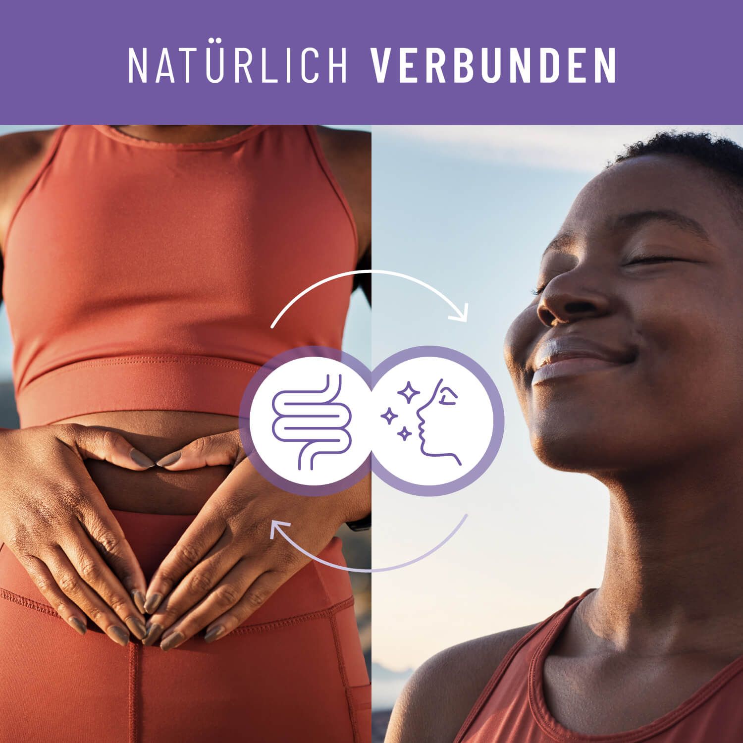 Zwei Personen, eine mit Bauch, die andere lächelnd. Grafik: Darm und Gesicht mit Sternen. Text: Natürlich verbunden.
