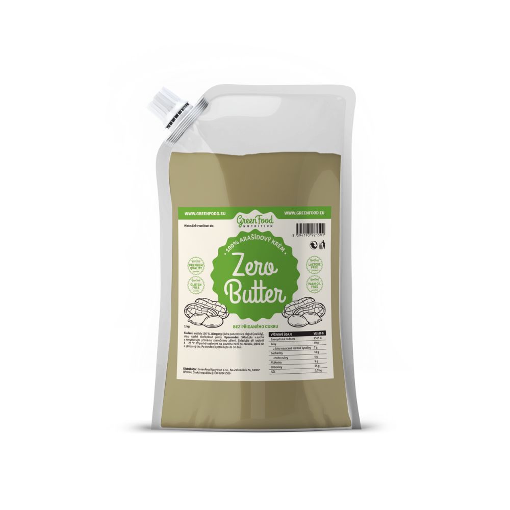 Beutel mit Zero Butter. Aufschrift "Zero Butter" und "GreenFood Nutrition". Produktbezeichnung und Nährwertangaben.