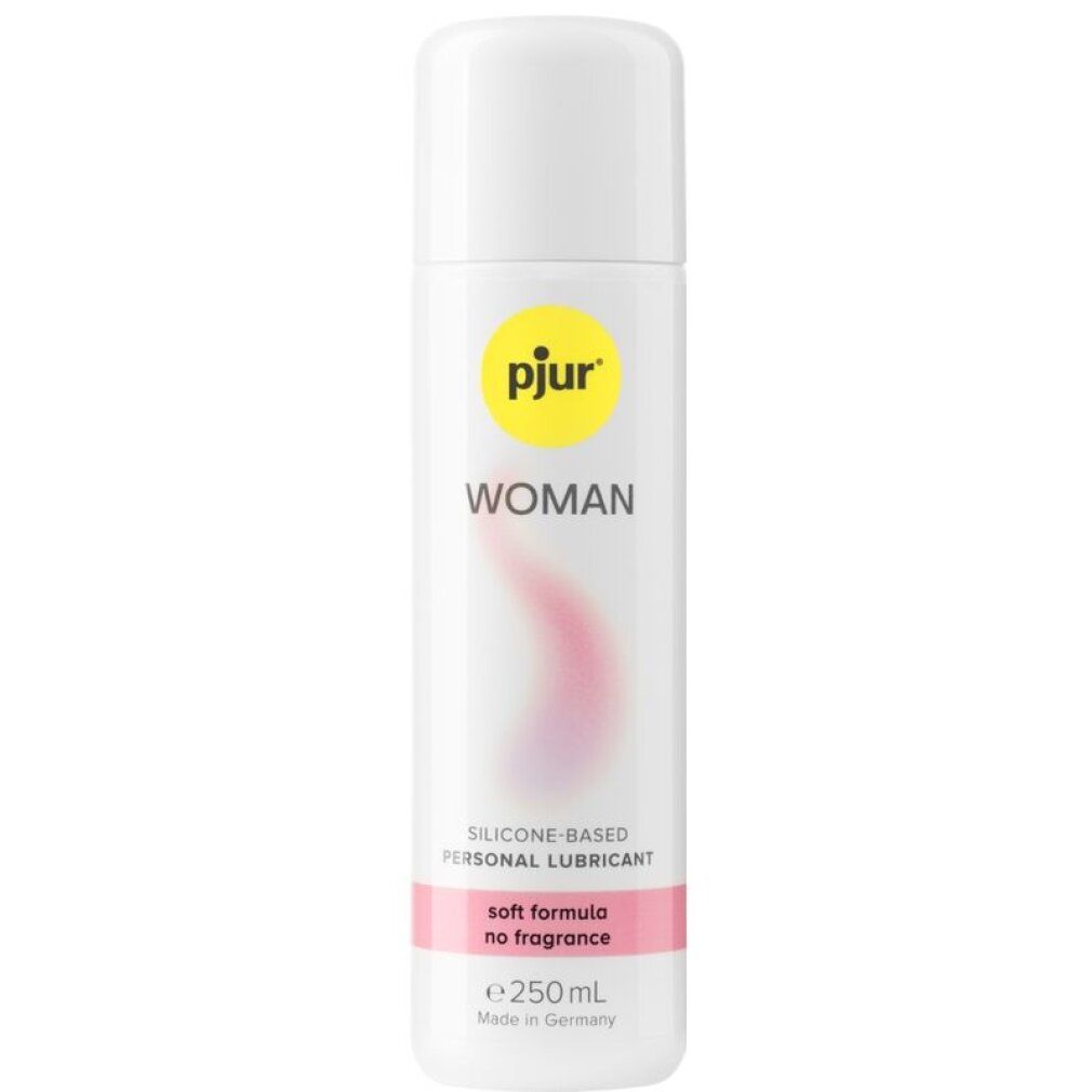 Weiße Flasche mit gelbem Logo und rosa Schriftzug. Produktname: pjur WOMAN. Text: SILICONE-BASED PERSONAL LUBRICANT, soft formula no fragrance, e 250 mL.