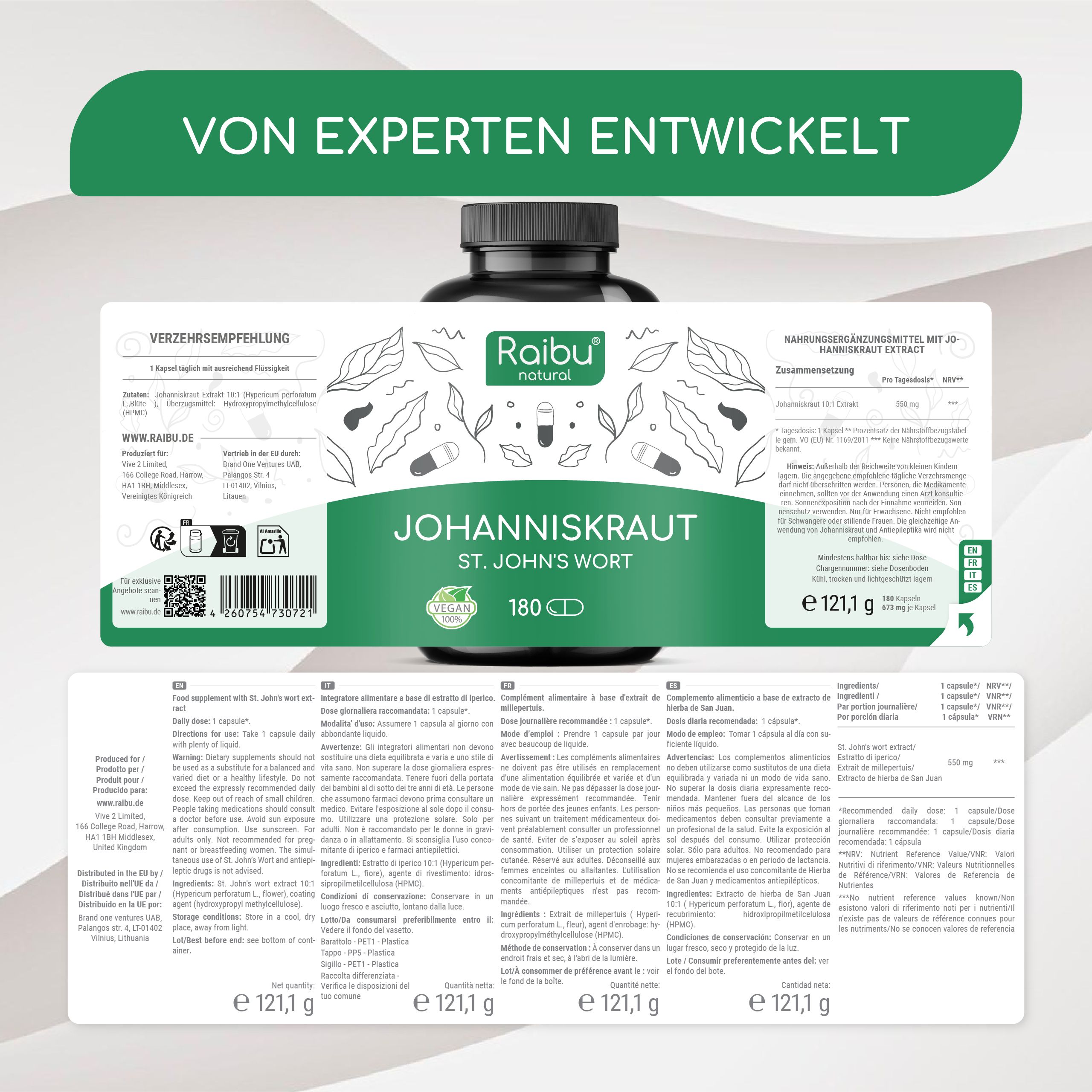 Flasche mit Etikett. Text: Johanniskraut St. John's Wort, 180 Kapseln. Zusätzliche Informationen auf Etikett.