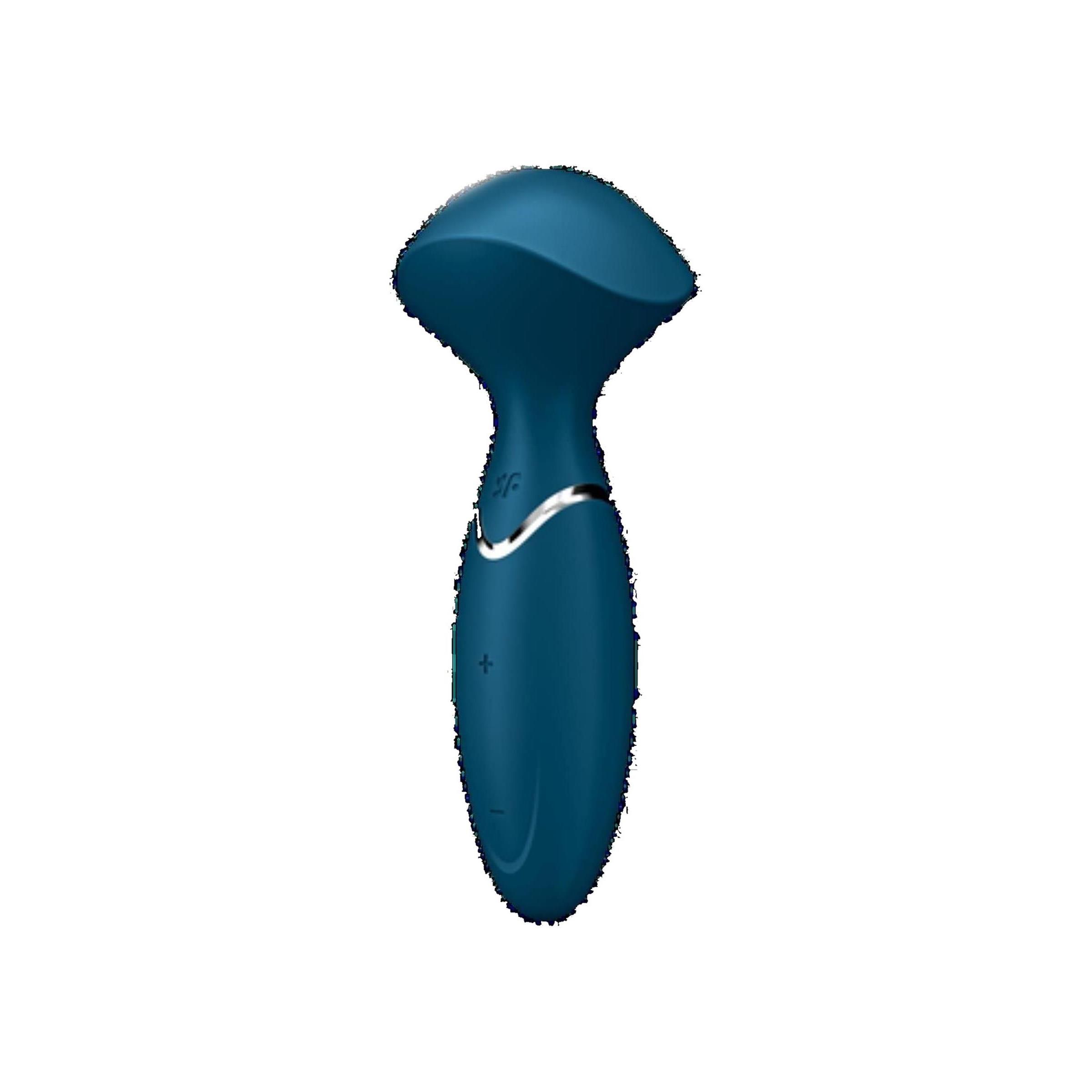 Dunkelblauer Vibrator mit geschwungener Form und silbernem Ring.