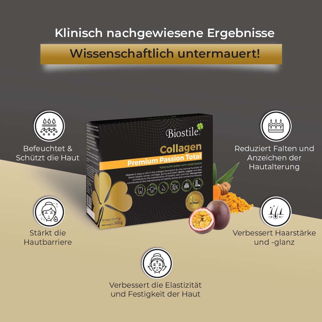 Biostile Collagen Premium Passion Total. Produktabbildung mit Text. Passionsfrucht. Haut, Haare, Nägel.