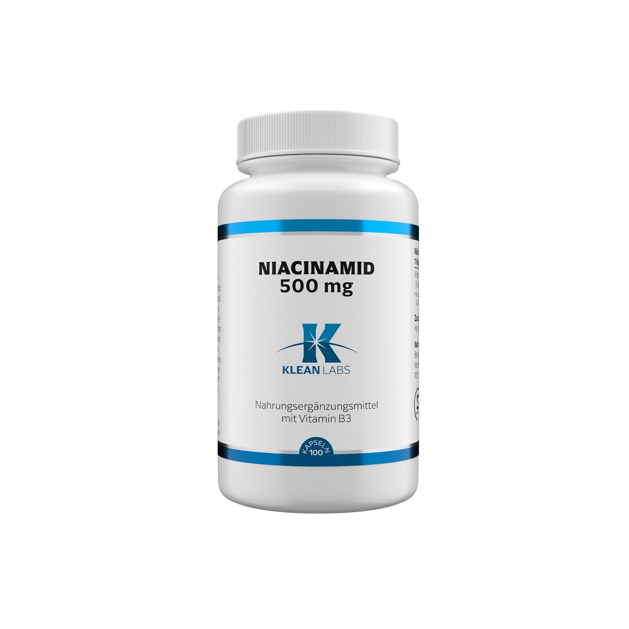 Weiße Kapsel-Flasche mit blauem Etikett: Niacinamid 500 mg, Klean Labs.