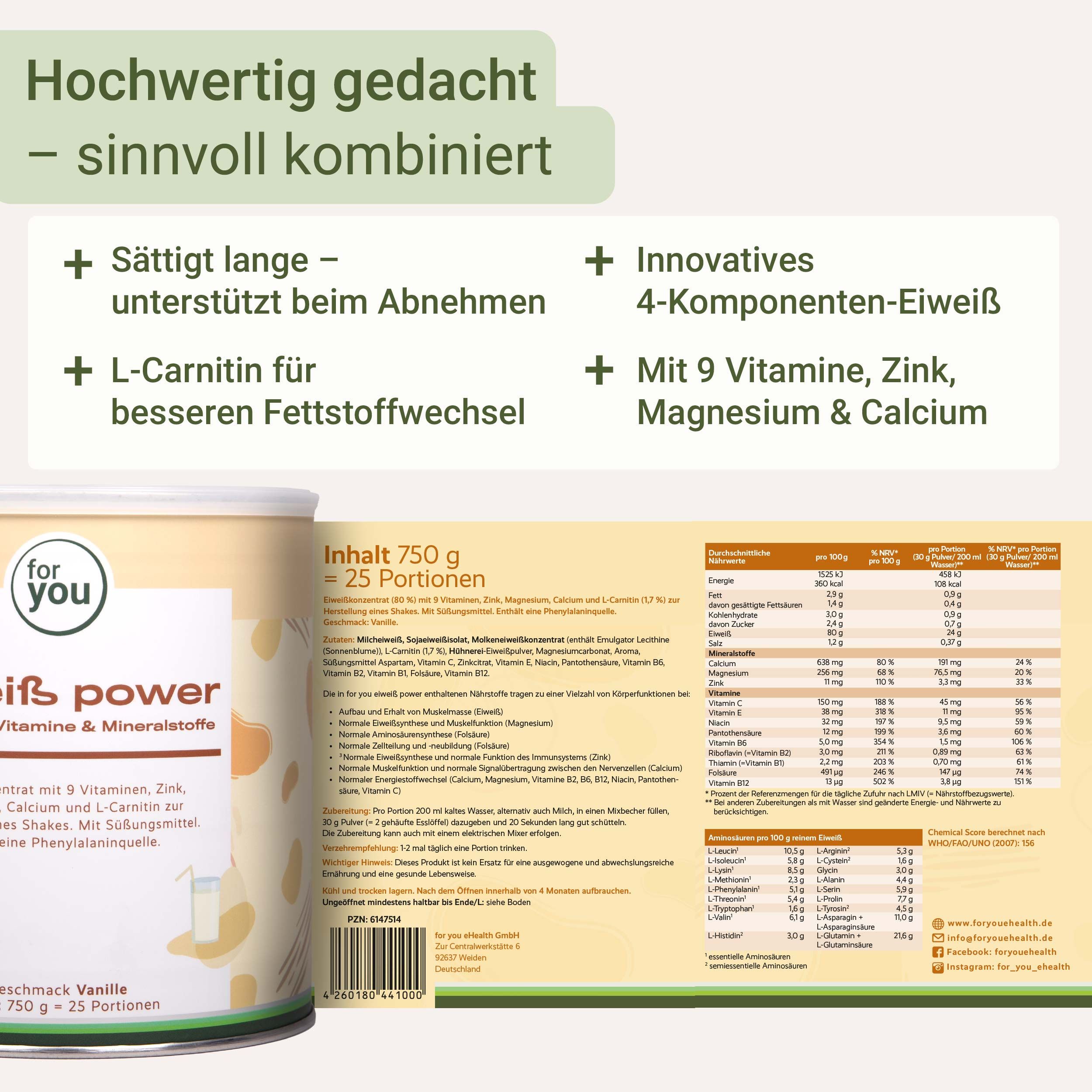Dose mit Produktname und Text. Text: 4-Komponenten-Eiweiß, 9 Vitamine, Zink, Magnesium, Calcium. Nährwerttabelle.