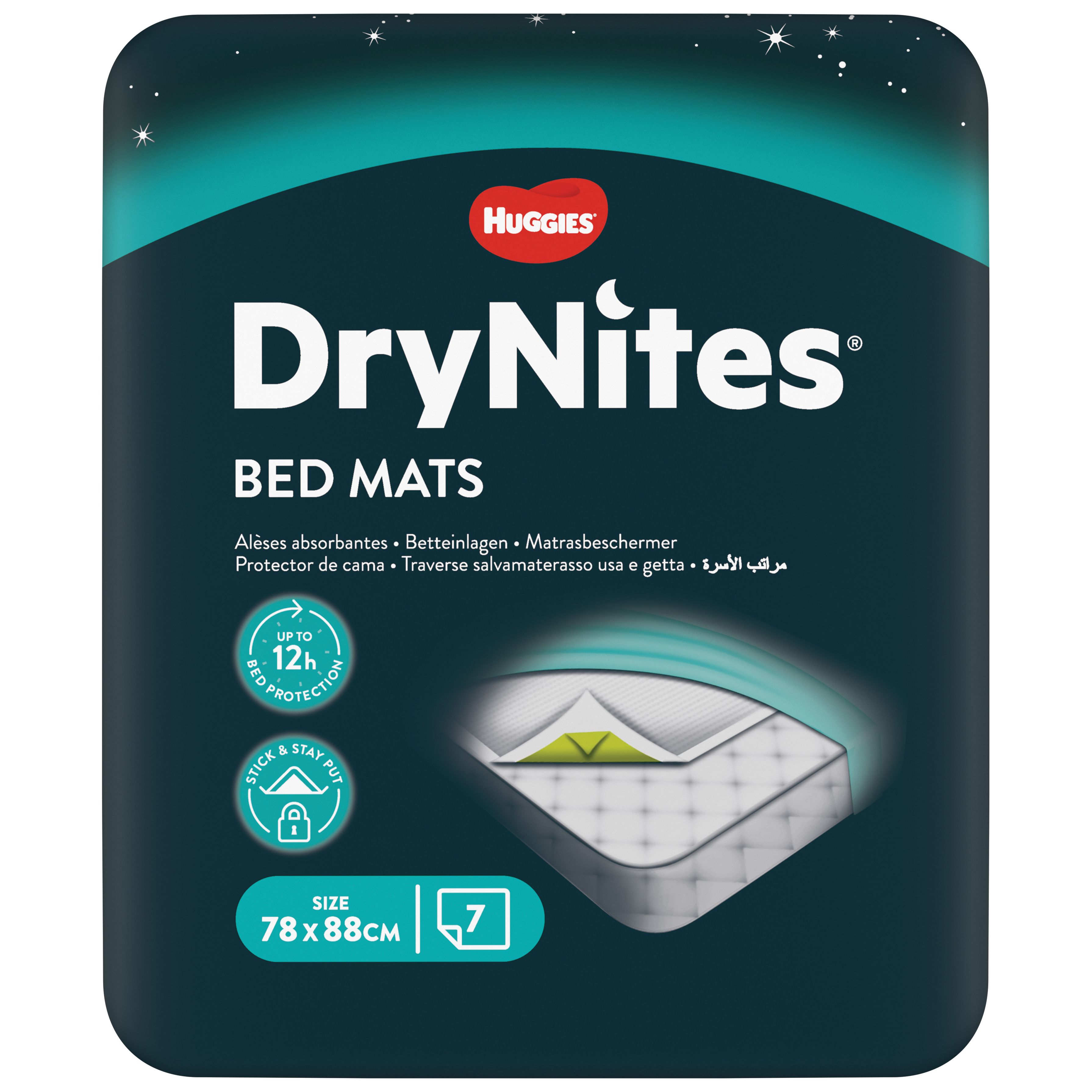 Verpackung von Huggies DryNites Bed Mats. Größe 78 x 88 cm. 7 Stück. Text: Bis zu 12h Bed Protection.
