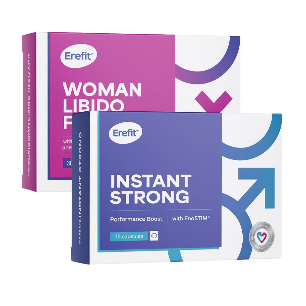 Zwei Produktverpackungen. Oben: Woman Libido, pink. Unten: Instant Strong, blau. Beide mit Logo und Produktnamen. Verpackungen mit Inhaltsangaben.