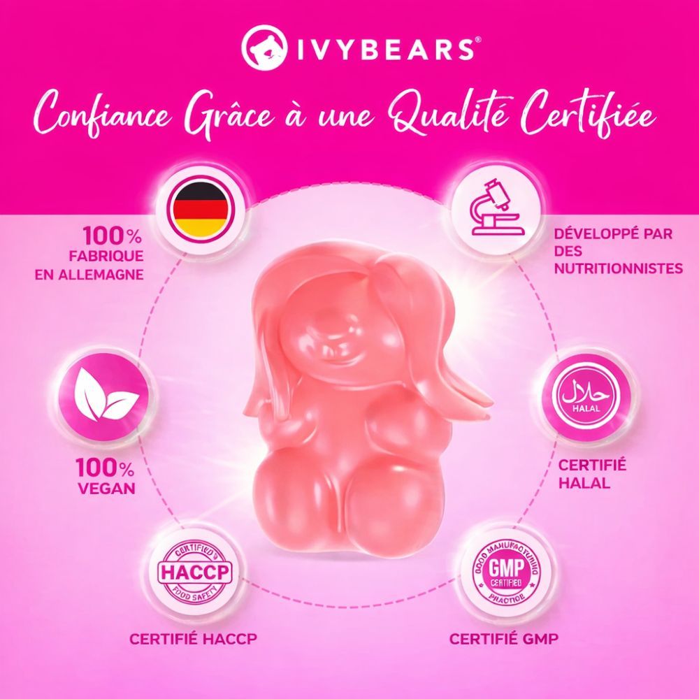 Rosa Gummibärchen in Bärenform. Text: 100% Made in Germany, 100% Vegan, Zertifiziert Halal, Zertifiziert HACCP, Zertifiziert GMP.