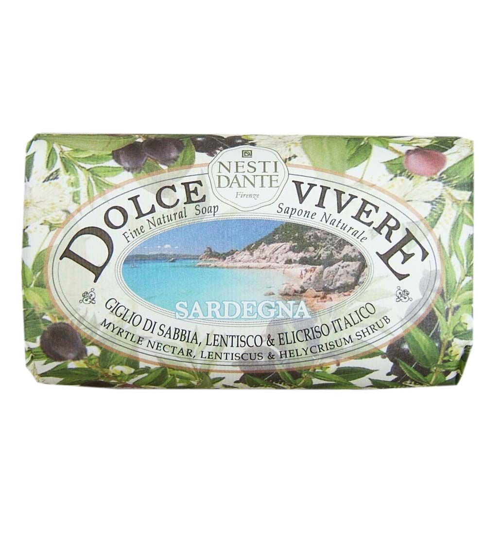 Rechteckige Seife mit floralem Design. Aufschrift: Dolce Vivere, Sardegna, Nesti Dante. Enthält Myrtus Nektar, Lentiscus & Helichrysum.
