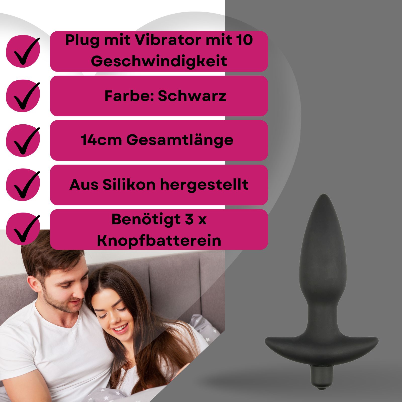 Produktabbildung mit Text: Plug mit Vibrator, Farbe: Schwarz, 14cm Länge, aus Silikon, benötigt Knopfzellen. Paar im Hintergrund.