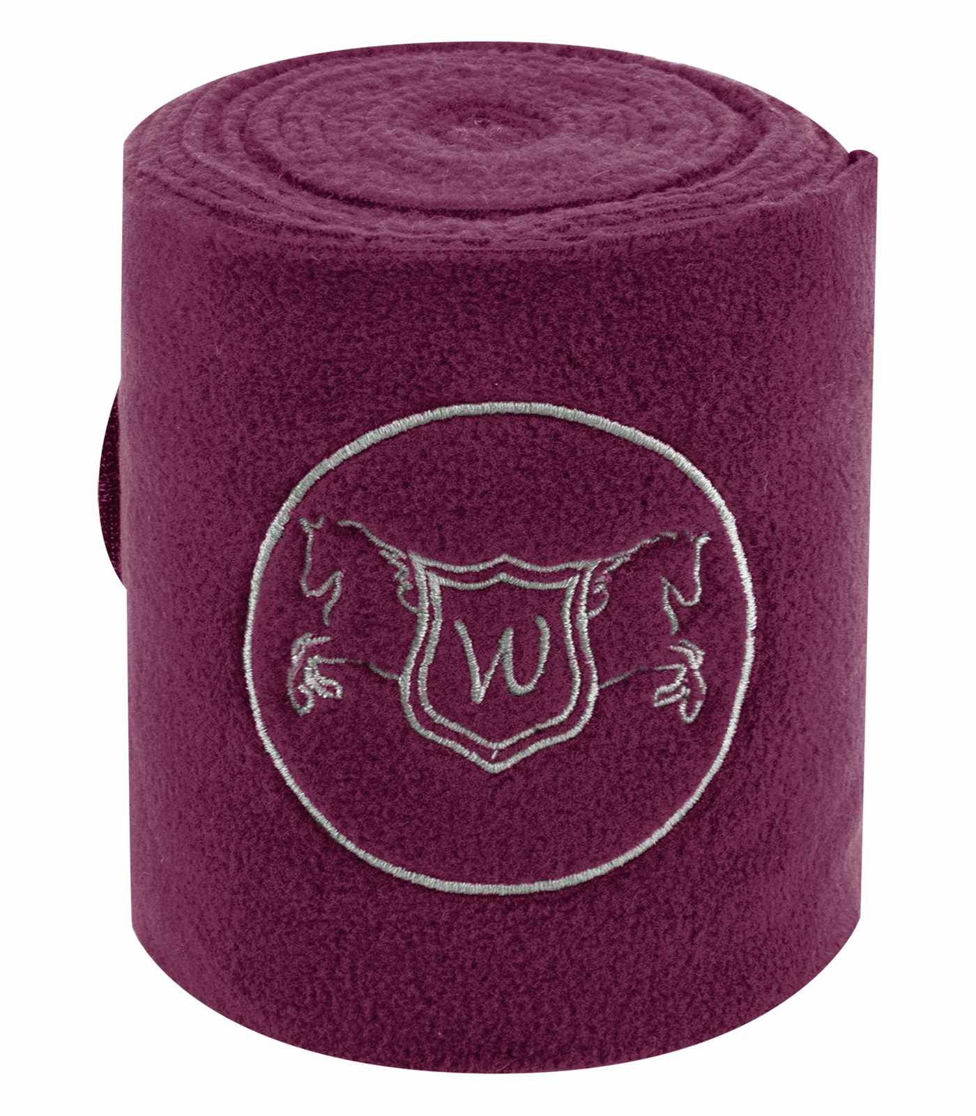 Fleecebandagen, gerollt, bordeauxfarben. Mit Logo-Stickerei: Wappen mit Pferden und "W".