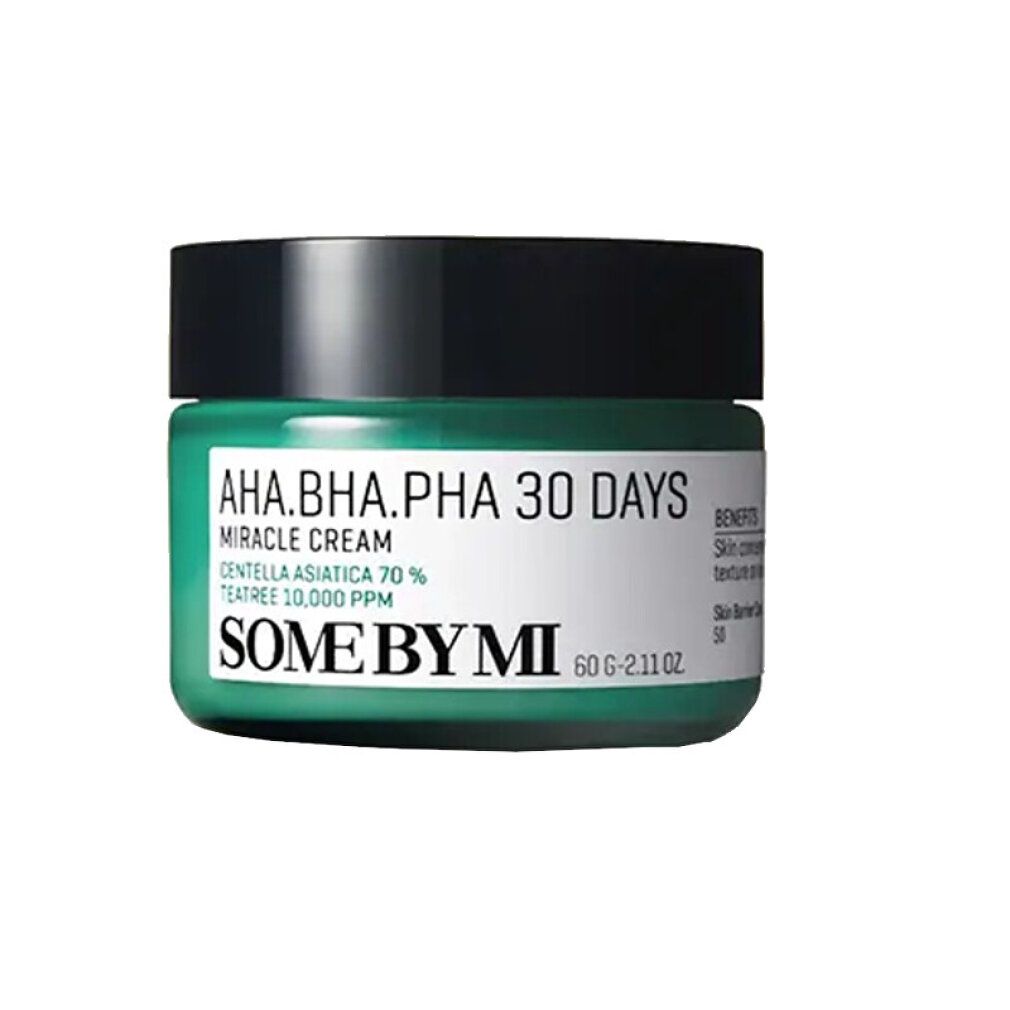 Grünes Cremetiegel mit schwarzem Deckel. Aufschrift: AHA.BHA.PHA 30 DAYS MIRACLE CREAM. Marke: SOME BY MI. 60g.