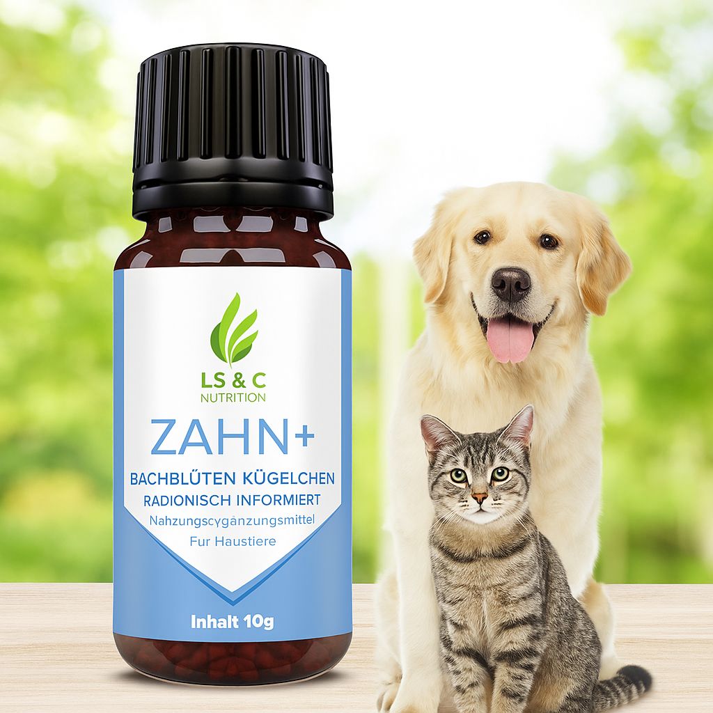 Braune Glasflasche mit schwarzem Deckel. Etikett mit Logo, Produktname ZAHN+ und Text. Hund und Katze im Hintergrund.