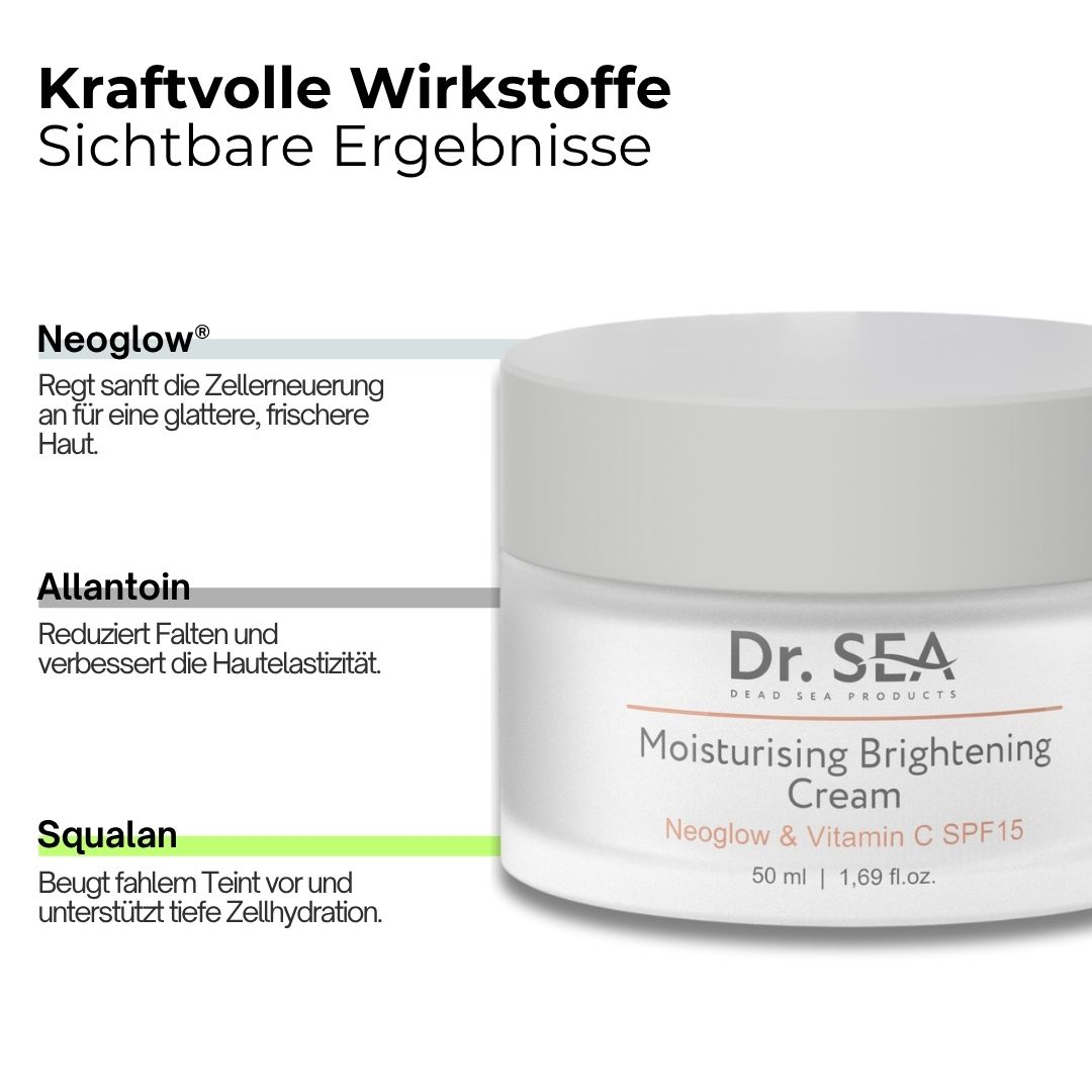 Creme-Tiegel. Text: Dr. SEA, Moisturising Brightening Cream, SPF15. 50 ml. Text über Wirkstoffe: Neoglow, Allantoin, Squalane.