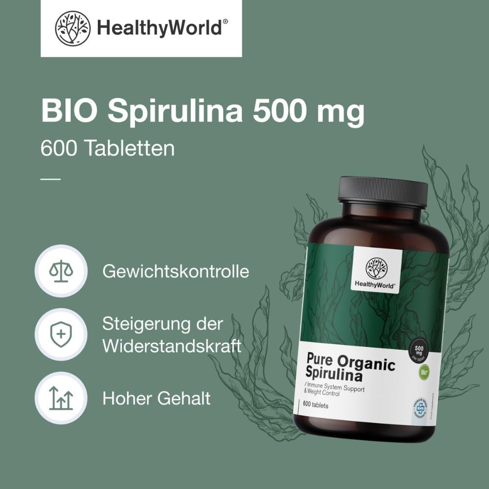 Dose Spirulina 500 mg, Symbole für Gewichtskontrolle, Immunsystem, hoher Gehalt.