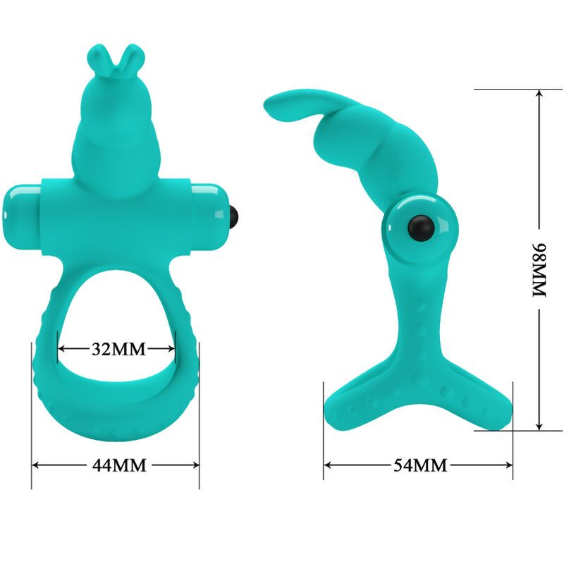 Türkisfarbener Ringvibrator mit Maßangaben: 44mm x 32mm und 98mm x 54mm.