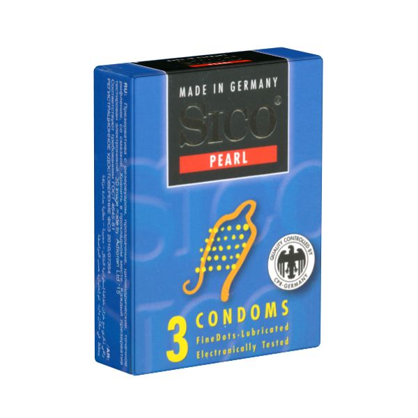 Blau-weiße Schachtel mit Kondomen. Aufschrift: Sico Pearl, 3 Kondome, FineDots-lubricated, elektronisch getestet. Siegel: Quality Controlled by CFR Germany.