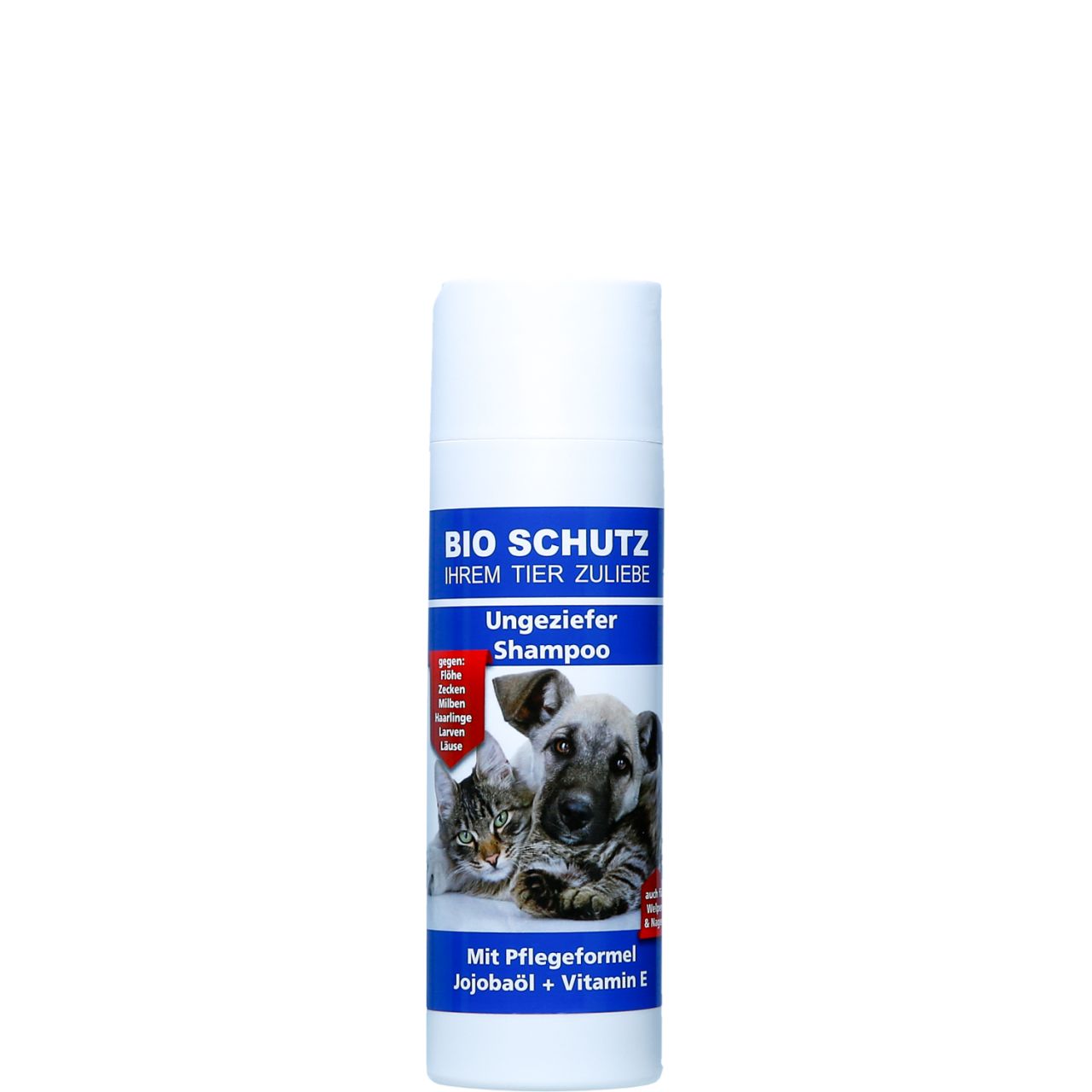 Weiße Flasche mit blauem Etikett. Text: BIO SCHUTZ, Ungeziefer Shampoo. Abbildung von Katze und Hund. Mit Jojobaöl + Vitamin E.