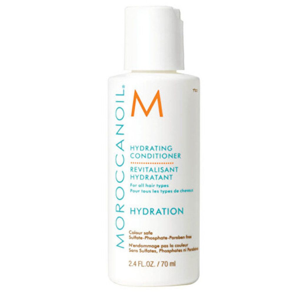 Weiße Flasche mit orangefarbenem Logo und Text. Enthält Hydrating Conditioner. Text: Hydration, 2.4 FL.OZ./70 ml.