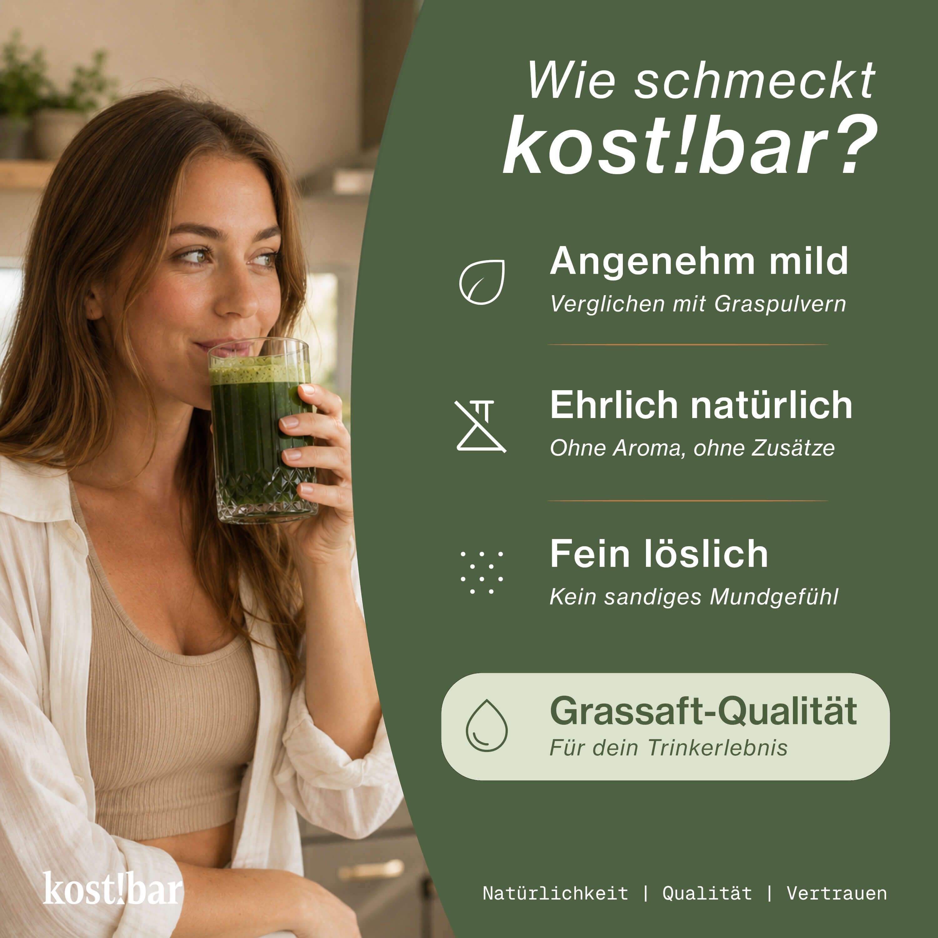 Frau trinkt grünen Smoothie. Angenehm mild, ehrlich natürlich, fein löslich. Grassaft-Qualität für dein Trinkerlebnis.