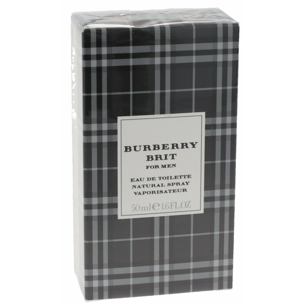 Verpackung mit Burberry Brit For Men. Schwarzes Karomuster. Weißes Etikett mit Produktinformationen.
