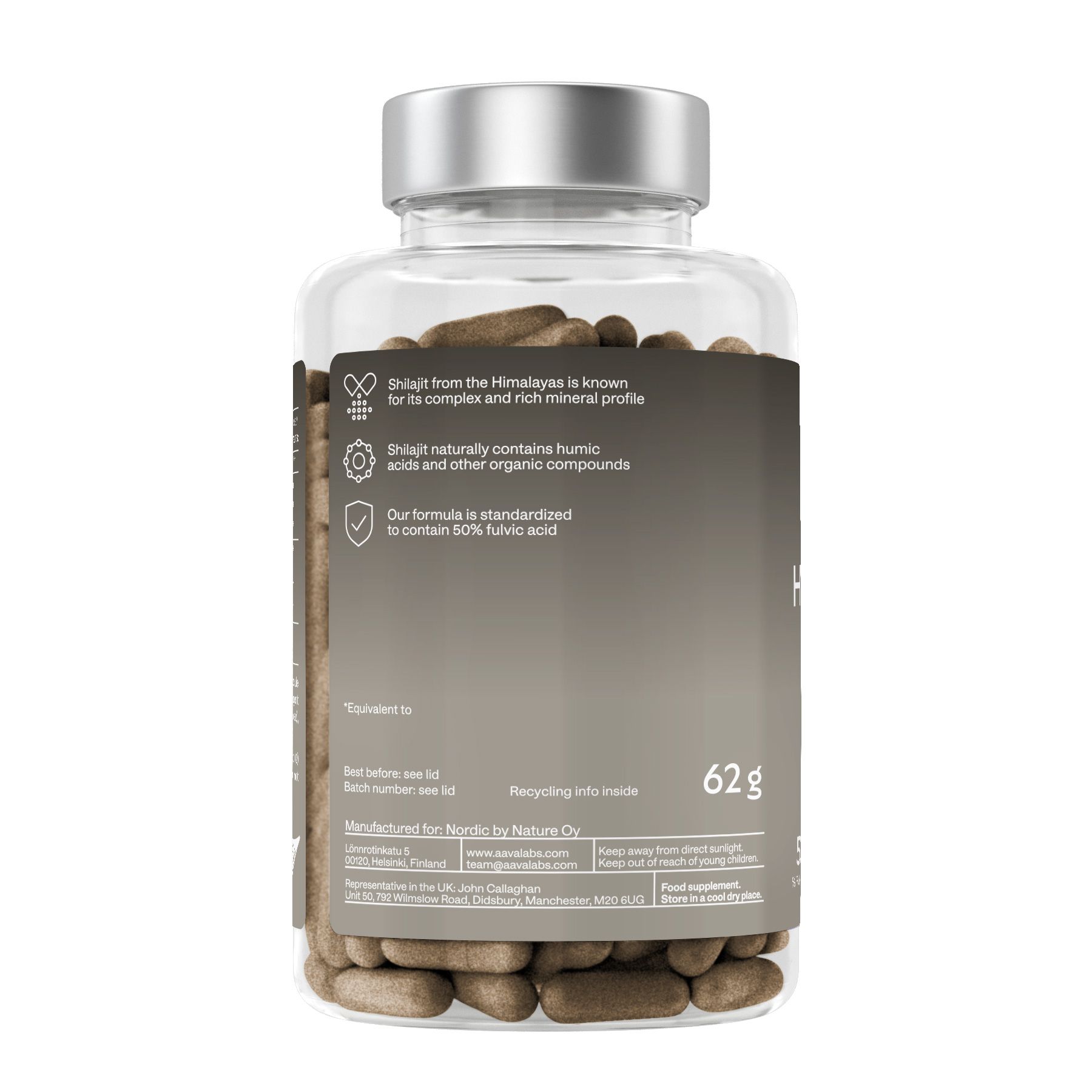 Rückseite der Kapsel-Flasche mit Informationen. Enthält Informationen über Shilajit, Huminsäure und Fulvinsäure.
