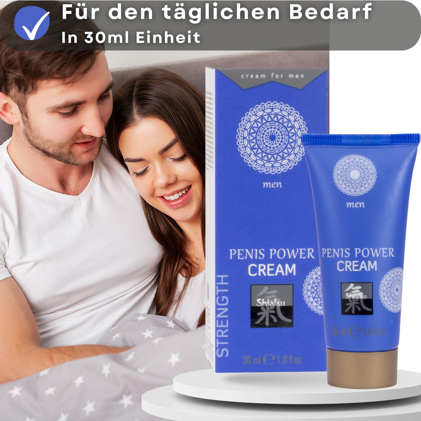 Blaue Tube und Schachtel. Aufschrift: Penis Power Creme, Shiatsu. 30 ml.