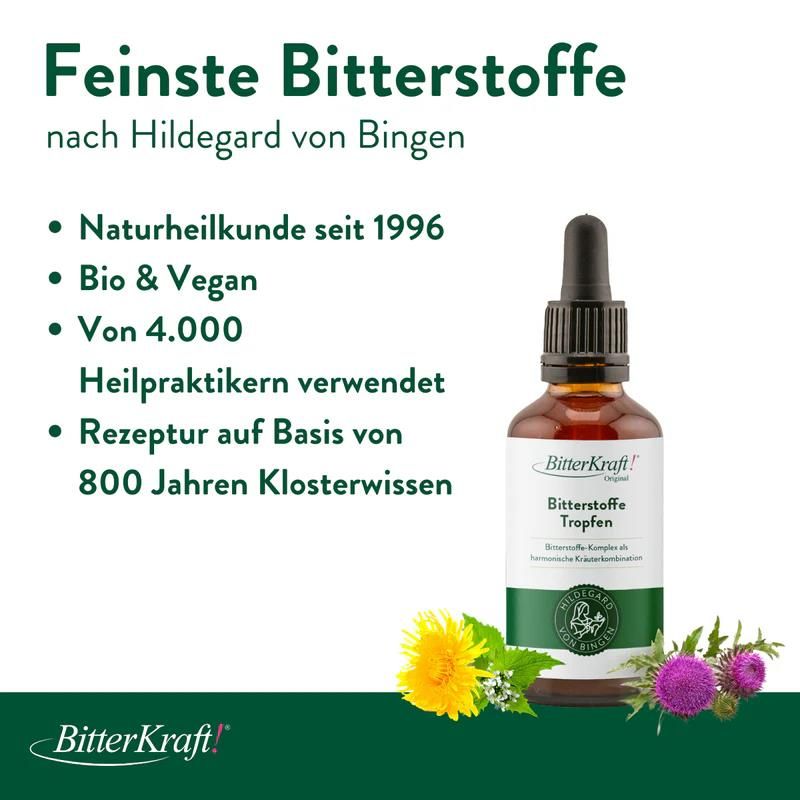 Text mit Produktflasche. Text: Feinste Bitterstoffe nach Hildegard von Bingen. Bio & Vegan. Rezeptur auf Basis von 800 Jahren Klosterwissen.