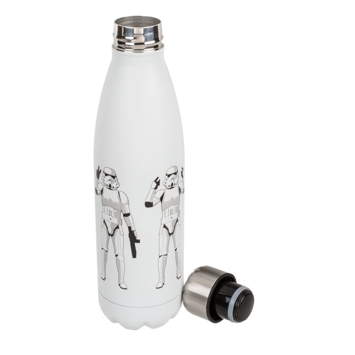 Weiße Trinkflasche mit silbernem Deckel. Deckel daneben. Zwei Stormtrooper-Illustrationen. Aufschrift: Original Stormtrooper.