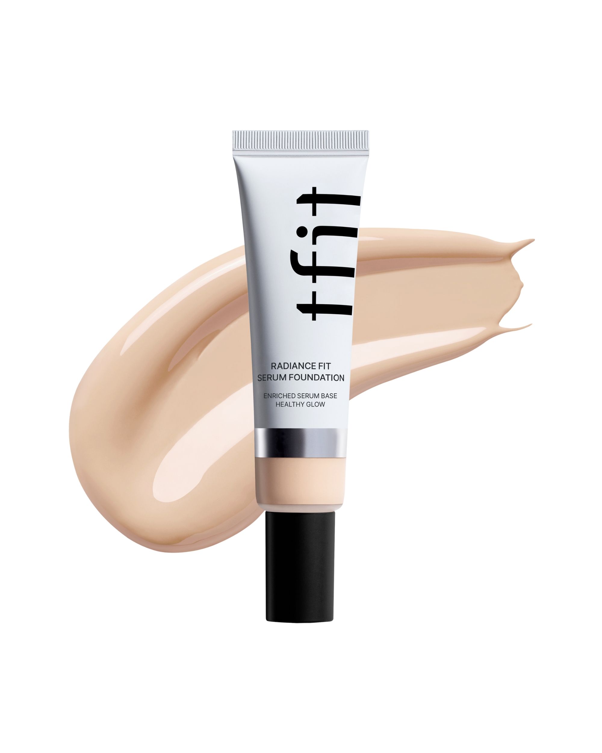 Weiße Tube mit schwarzem Deckel und Produkt-Swatches. Schriftzug: t-fit, Radiance Fit Serum Foundation.