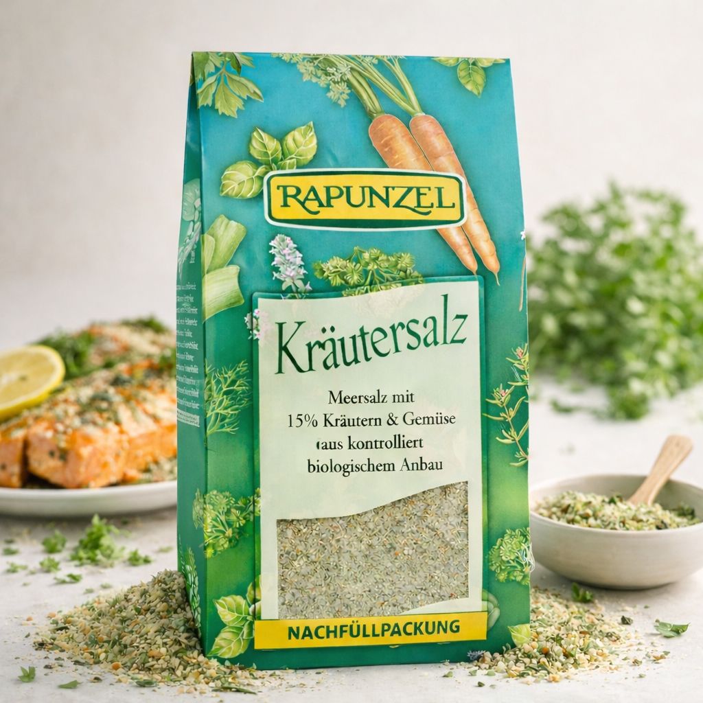 Rapunzel Kräutersalz Nachfüllpackung mit Meersalz, 15% Kräutern & Gemüse aus kontrolliert biologischem Anbau.