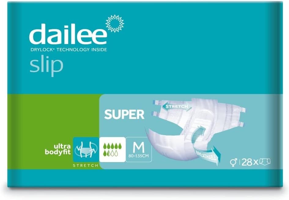 Verpackung Dailee Slip Super. Türkis-grüne Verpackung mit Produktabbildung. Größe M, 28 Stück.