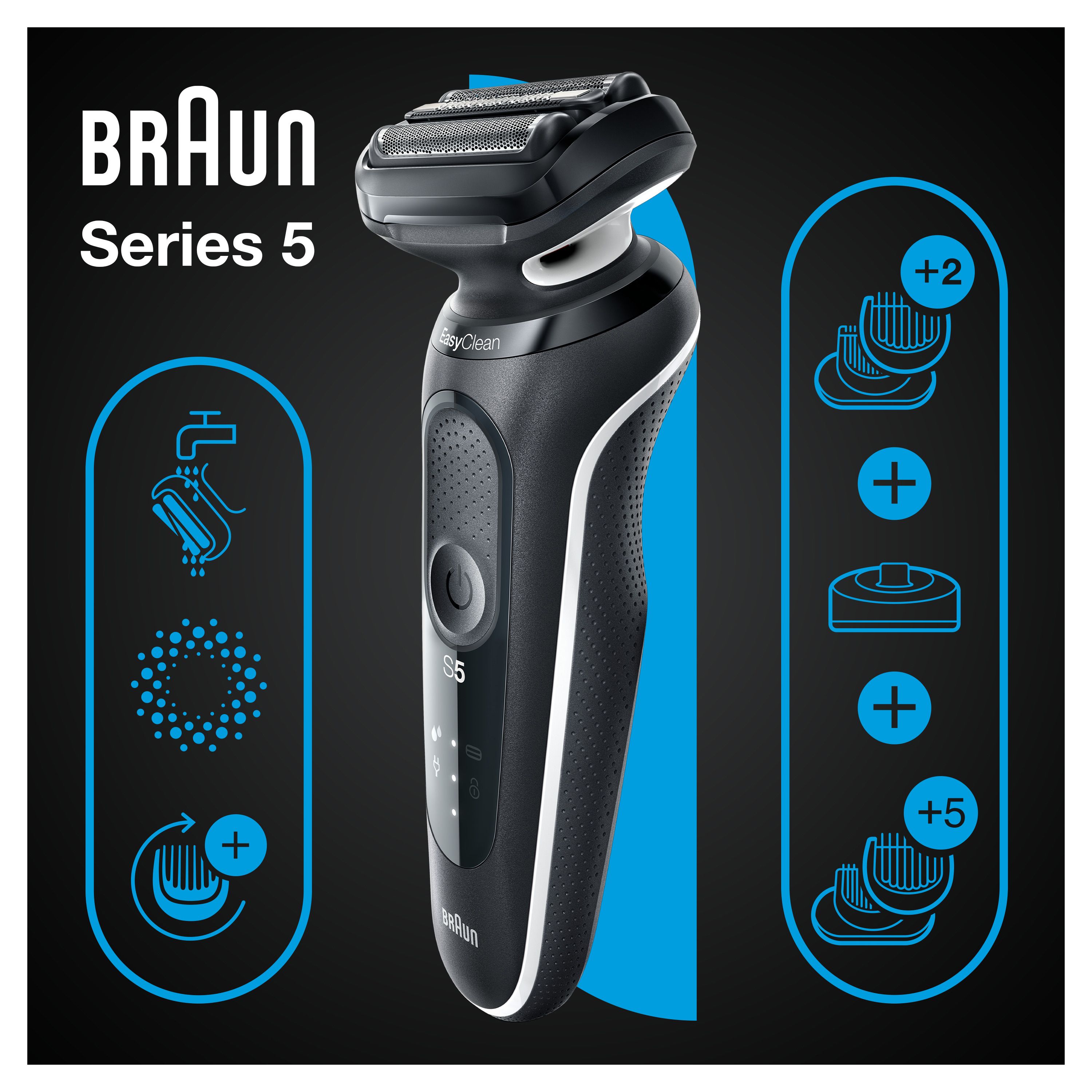 Der Rasierer Braun Series 5 in Schwarz, mit Zubehör-Grafiken. Auf schwarzem Hintergrund.