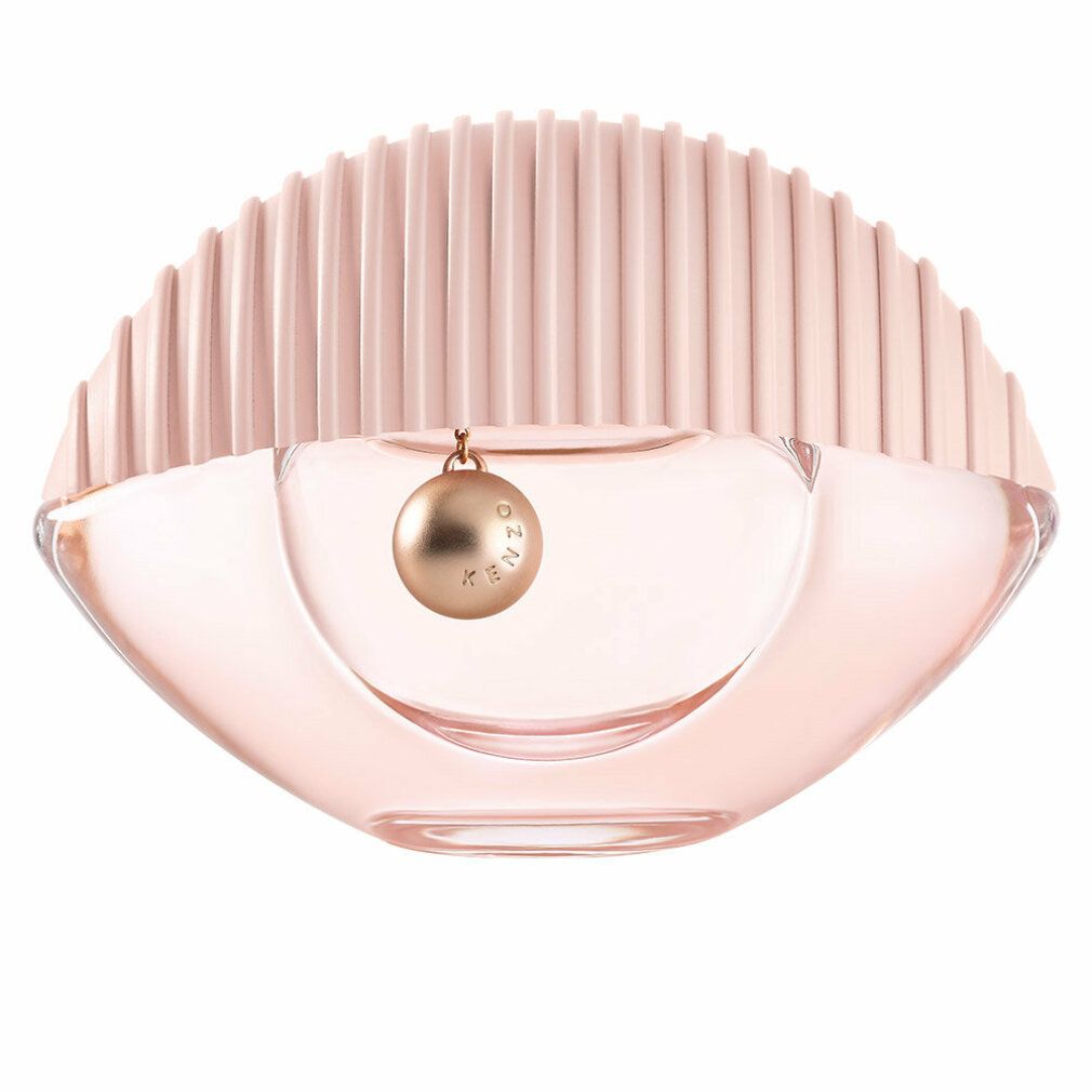 Kenzo World Eau de Toilette. Rosa Flakon in Augenform mit geriffelter Kappe und goldener Kugel-Anhänger.