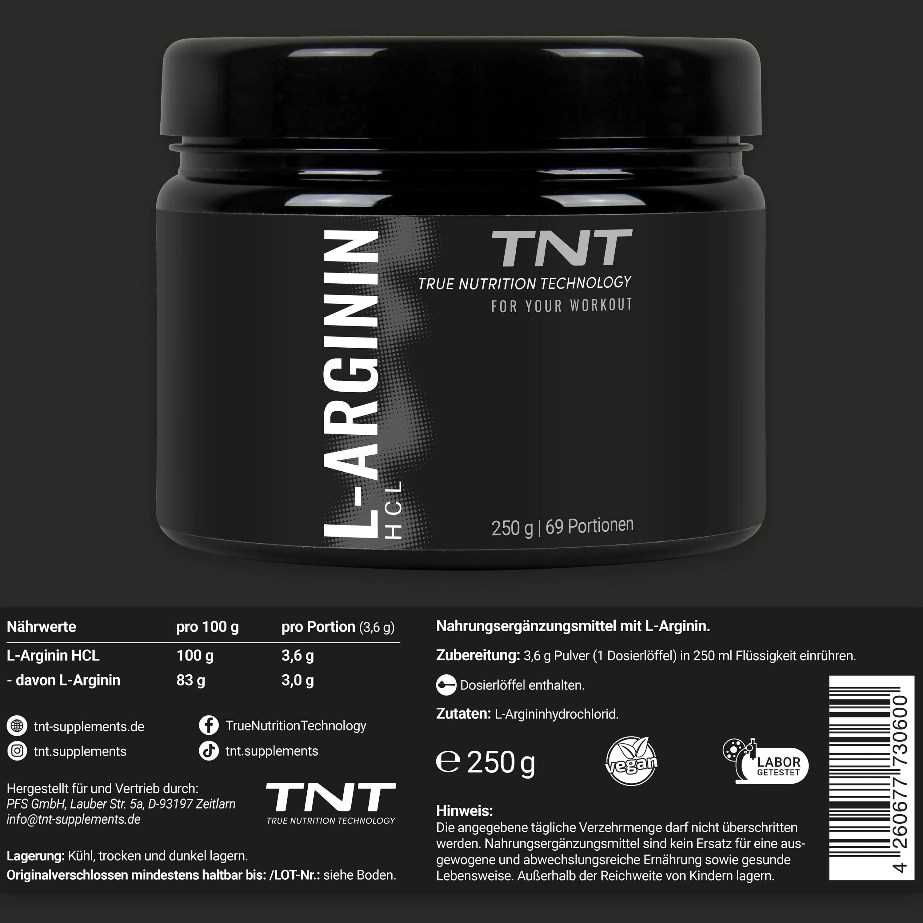 Schwarzes Glas mit L-Arginin HCL. Text: Nährwerte, Zutaten, Dosierung, Hinweise. Marke: TNT.