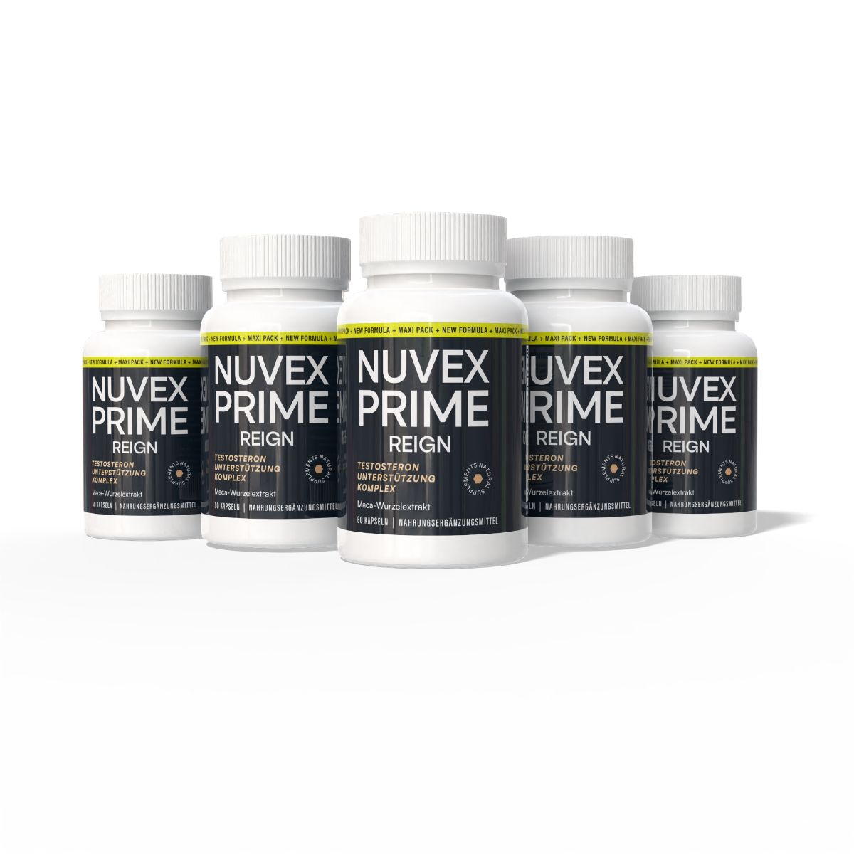 Fünf Flaschen NUVEX PRIME REIGN Testosteron Unterstützung Komplex.